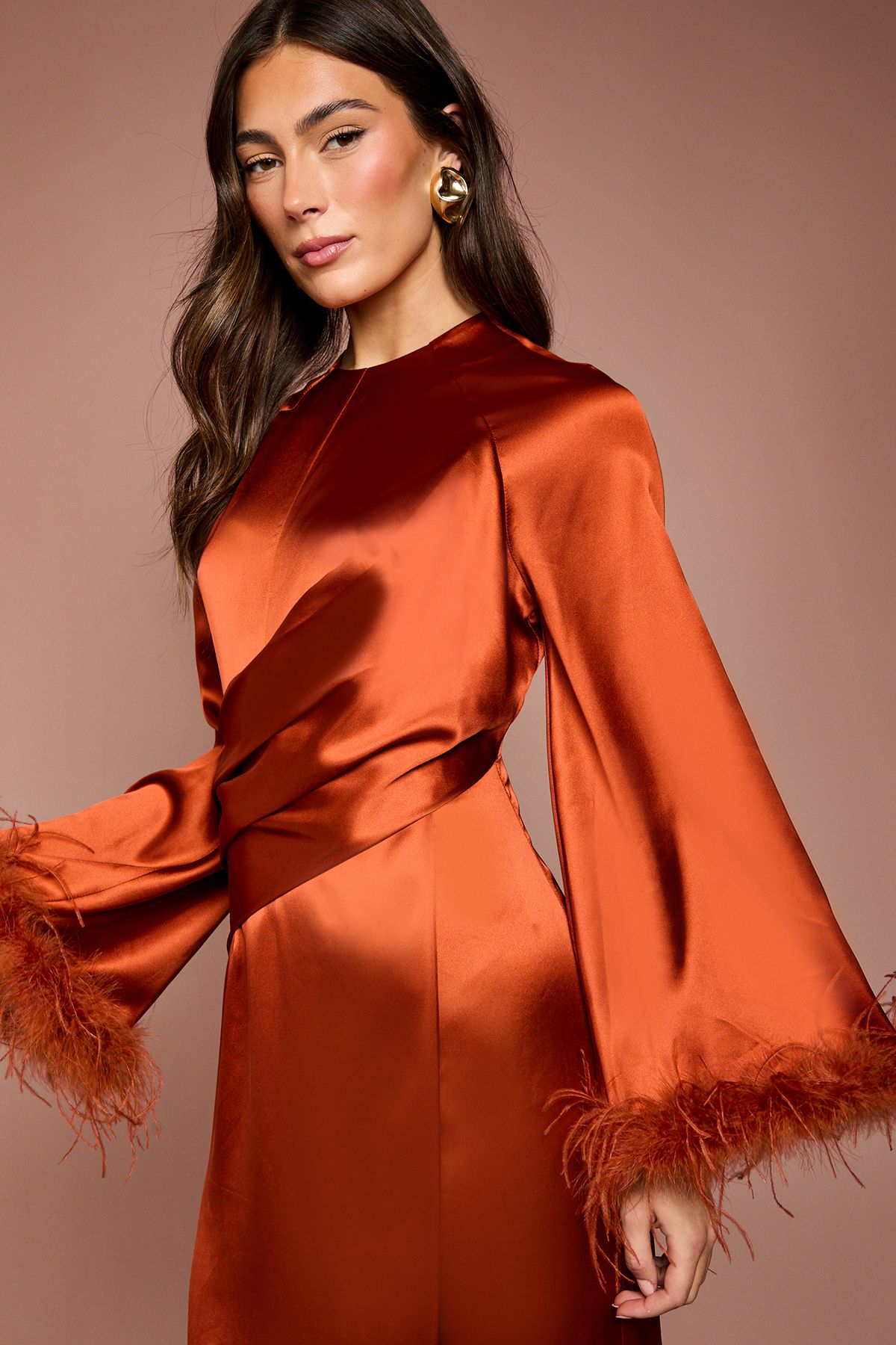 Coast Feather Trim Satin Maxi Dress Rust image 4