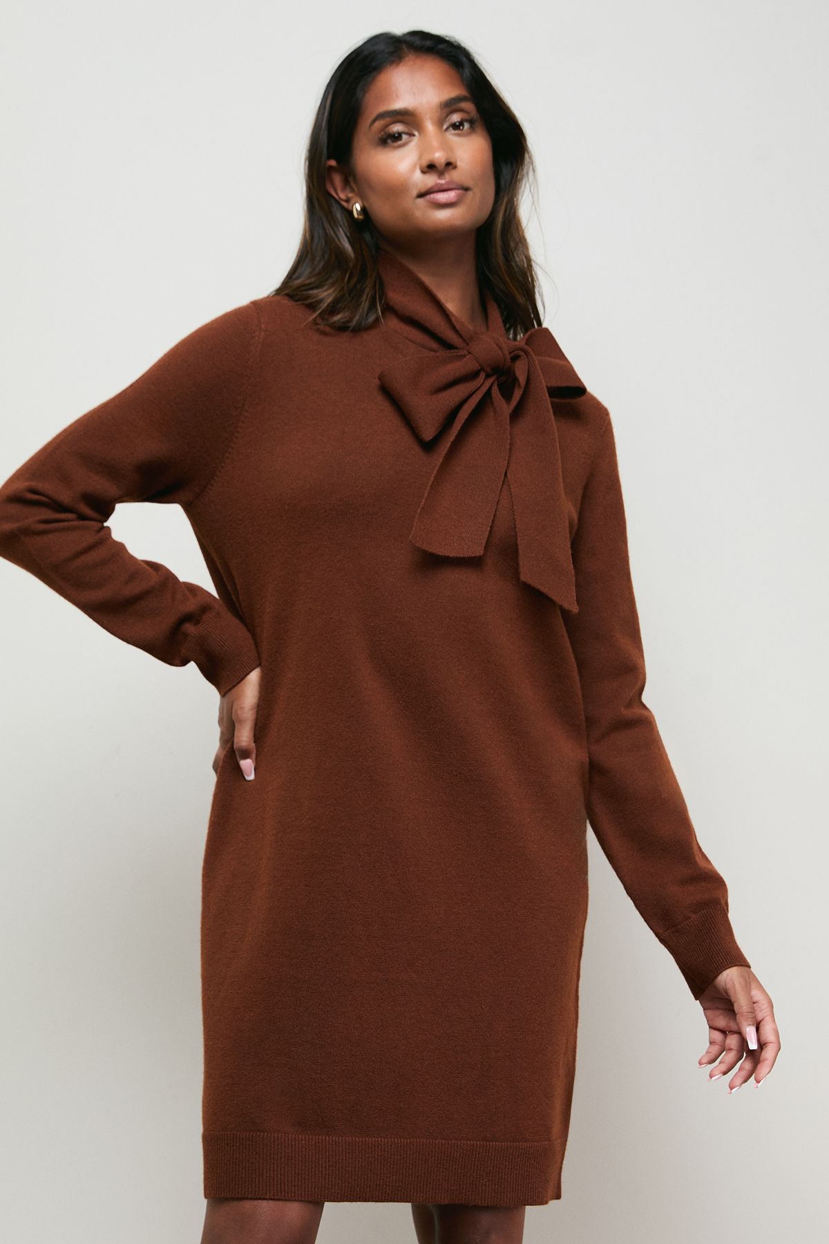 Oasis Pussy Bow Knitted Mini Dress Chocolate image 2