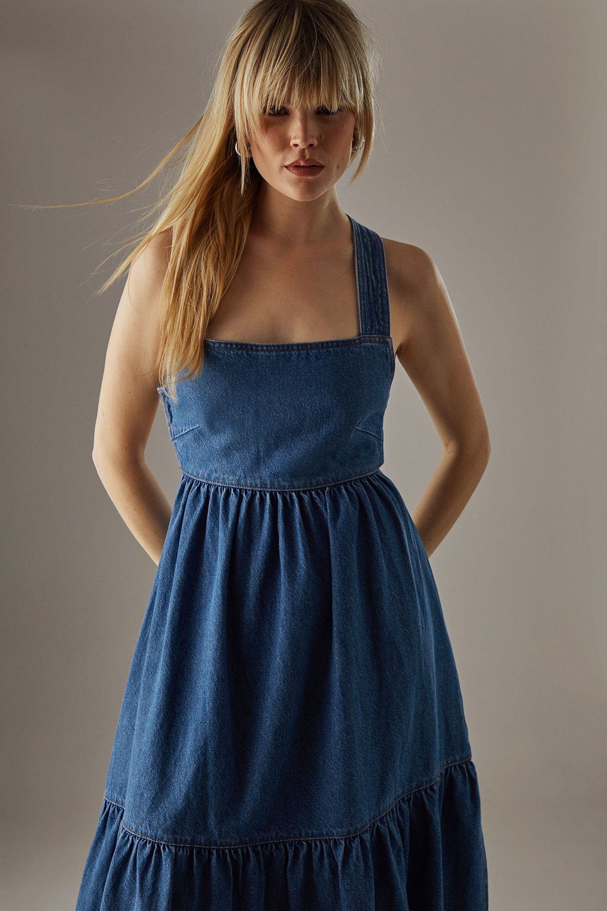 Warehouse Cross Back Denim Midi Dress Dark Wash image 1