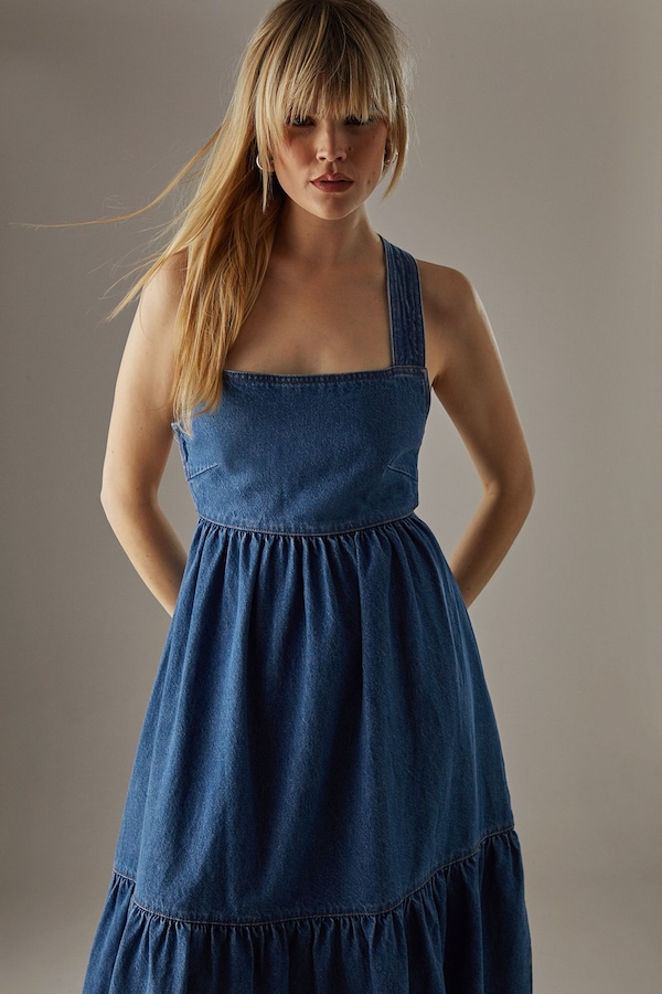 Warehouse Cross Back Denim Midi Dress Dark Wash
