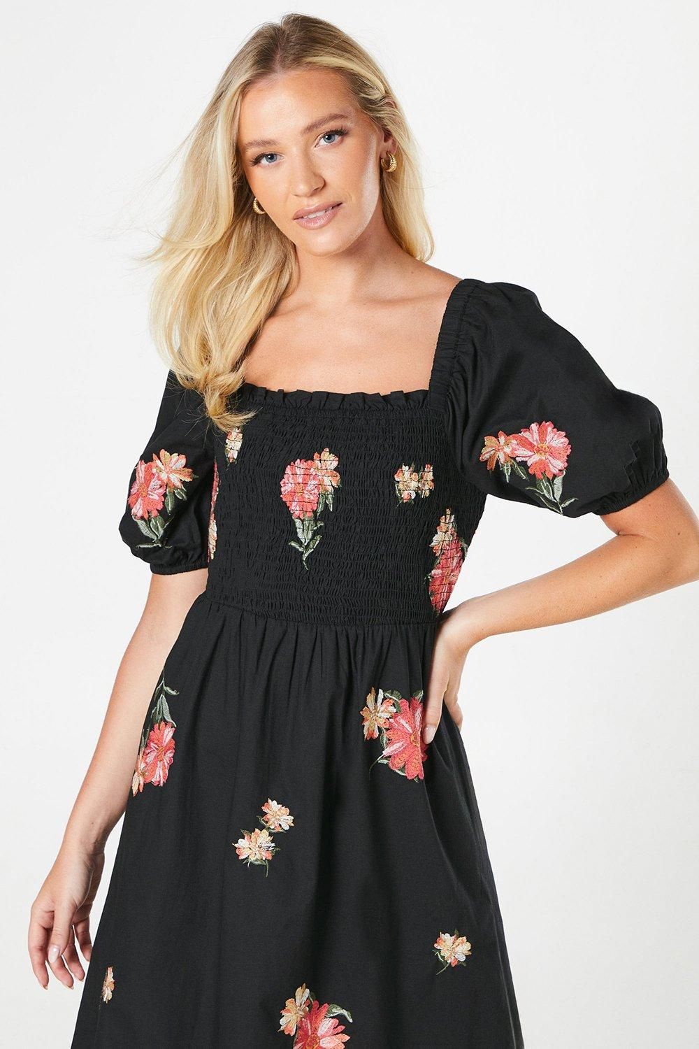 Dorothy Perkins Embroidered Poplin Shirred Bodice Midi Dress Mono image 2