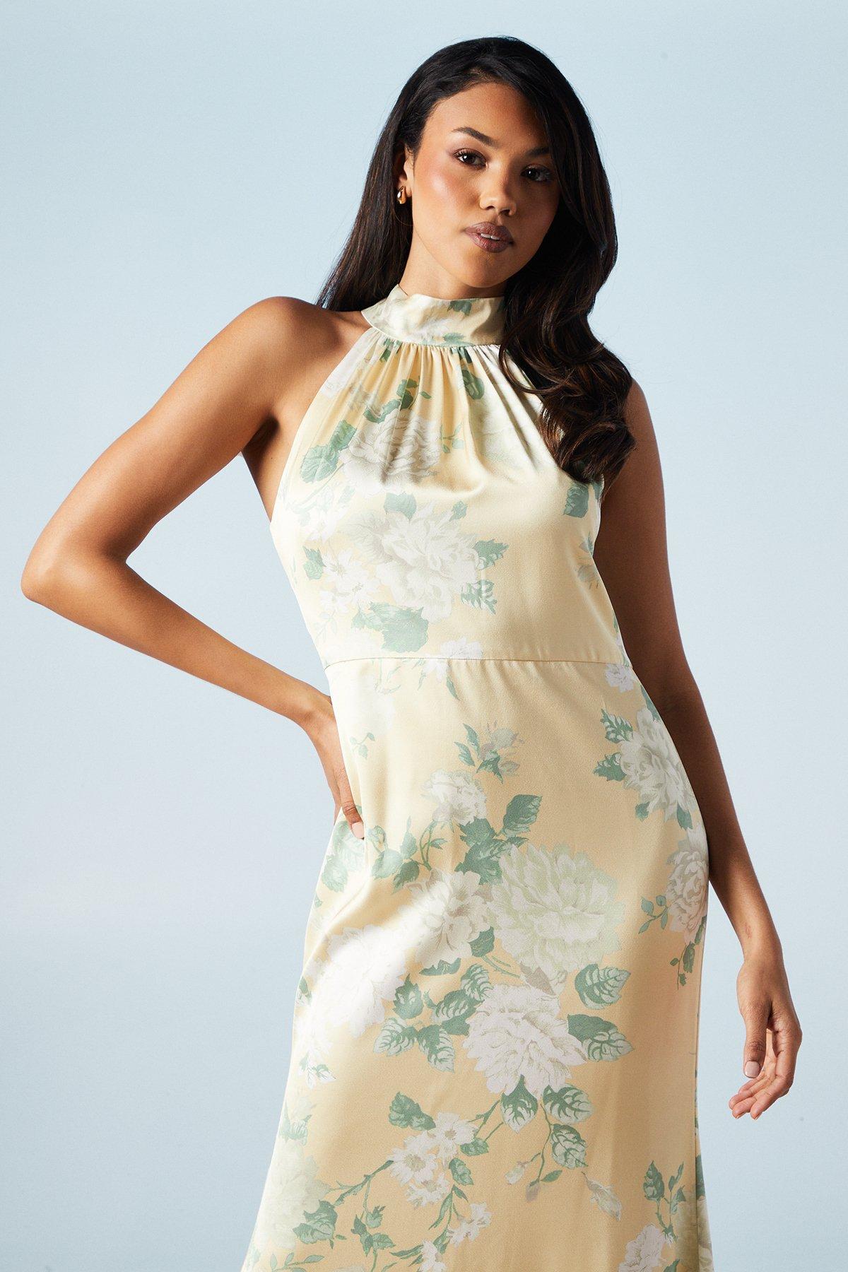 Coast Dahlia Printed Satin Halterneck Bridesmaid Dress Lemon image 5