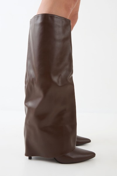 MissPap Faux Leather Foldover High Stiletto Knee High Boots Chocolate