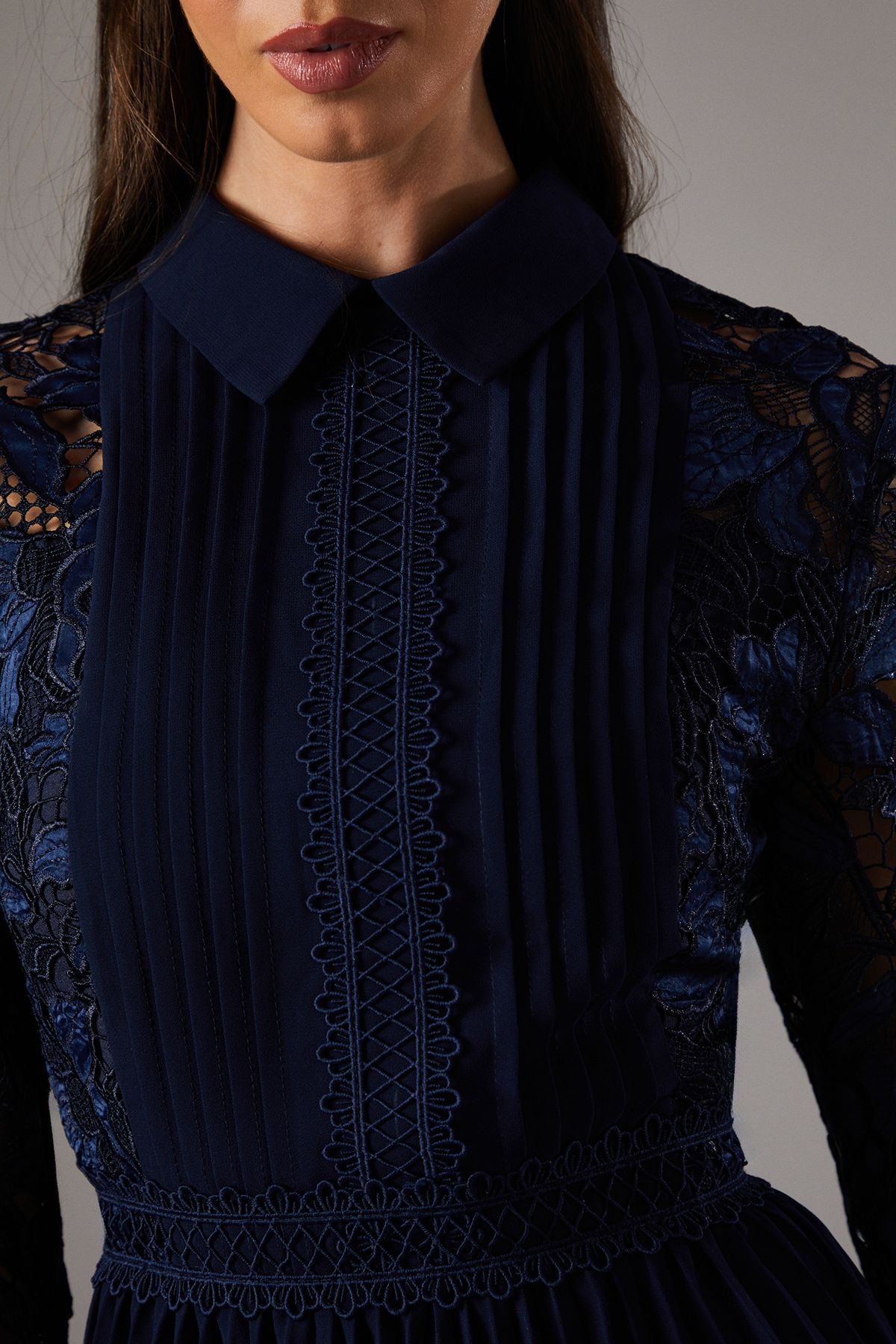 Coast Long Sleeve Lace and Pleated Midi Shirt Dress Navy image 5