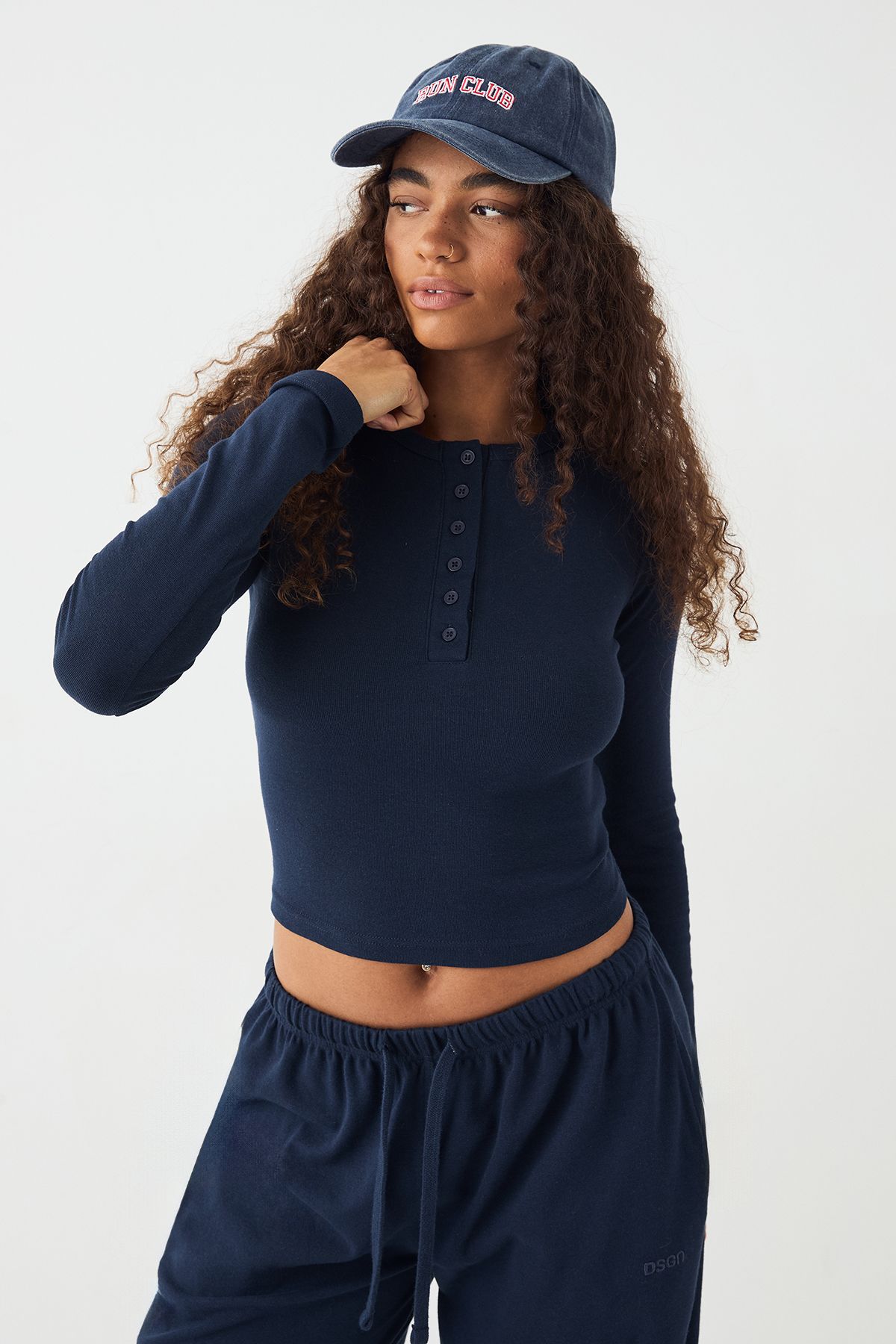DSGN Studio DSGN Studio Button Detail Embroidered Long Sleeve Top Navy