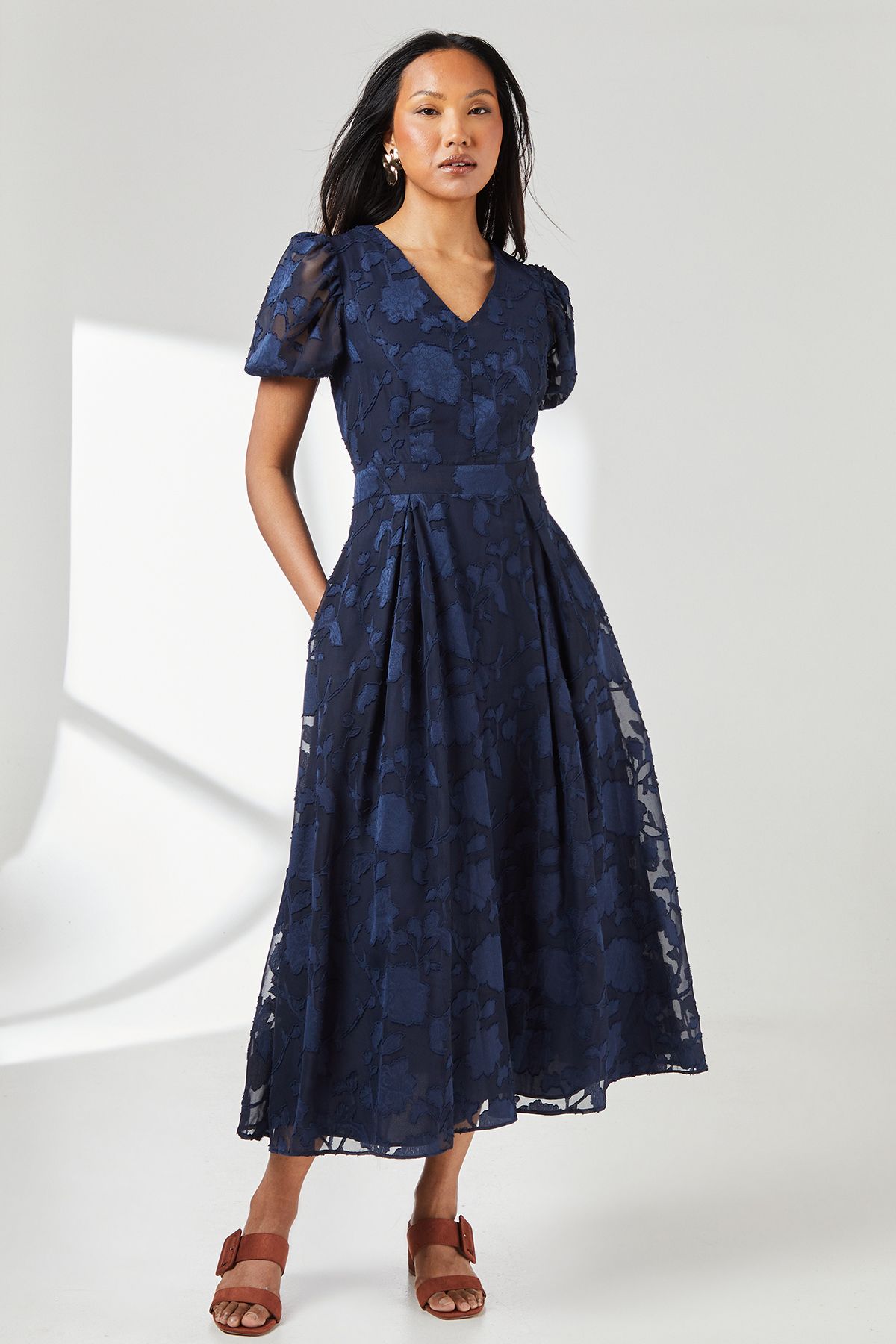 Wallis Principles Floral Jacquard Puff Sleeve Midi Dress Navy