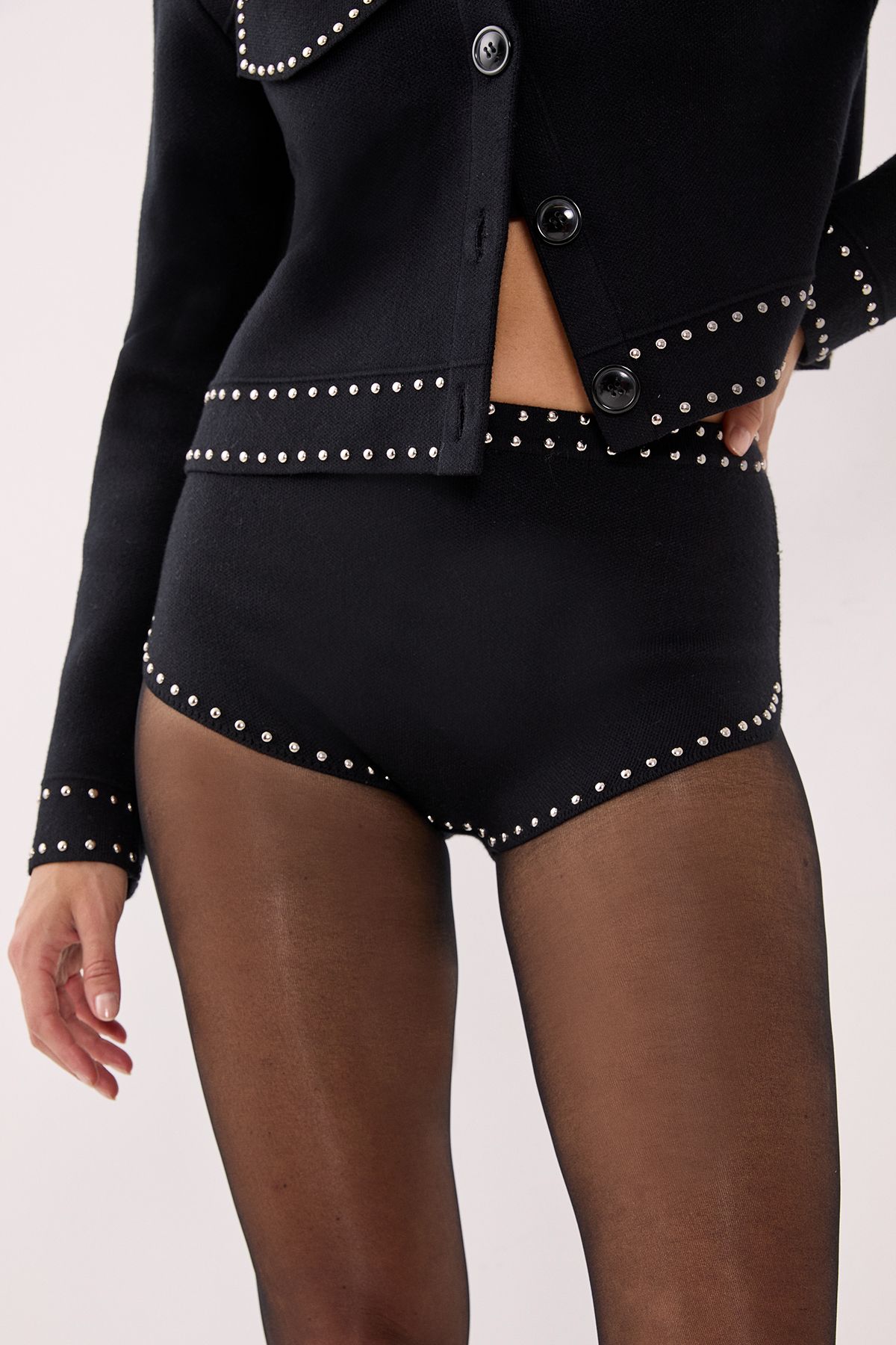 NastyGal Knitted Western Stud Detail Shorts Black image 2