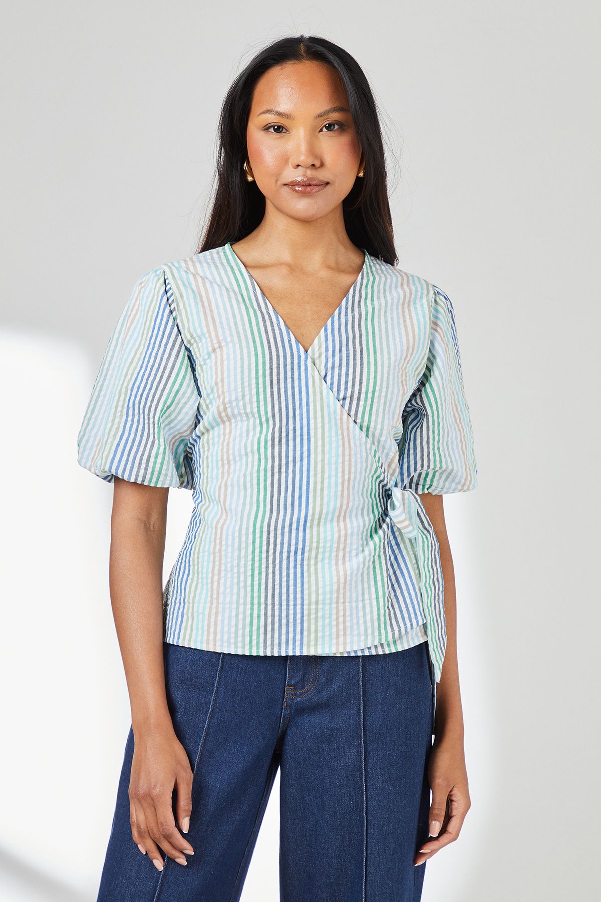 Principles Green Stripe Puff Sleeve Wrap Top Green image 1