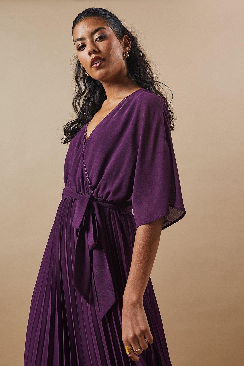 Oasis Petite Occasion Kimono Sleeve Pleated Midi Dress Plum image 4