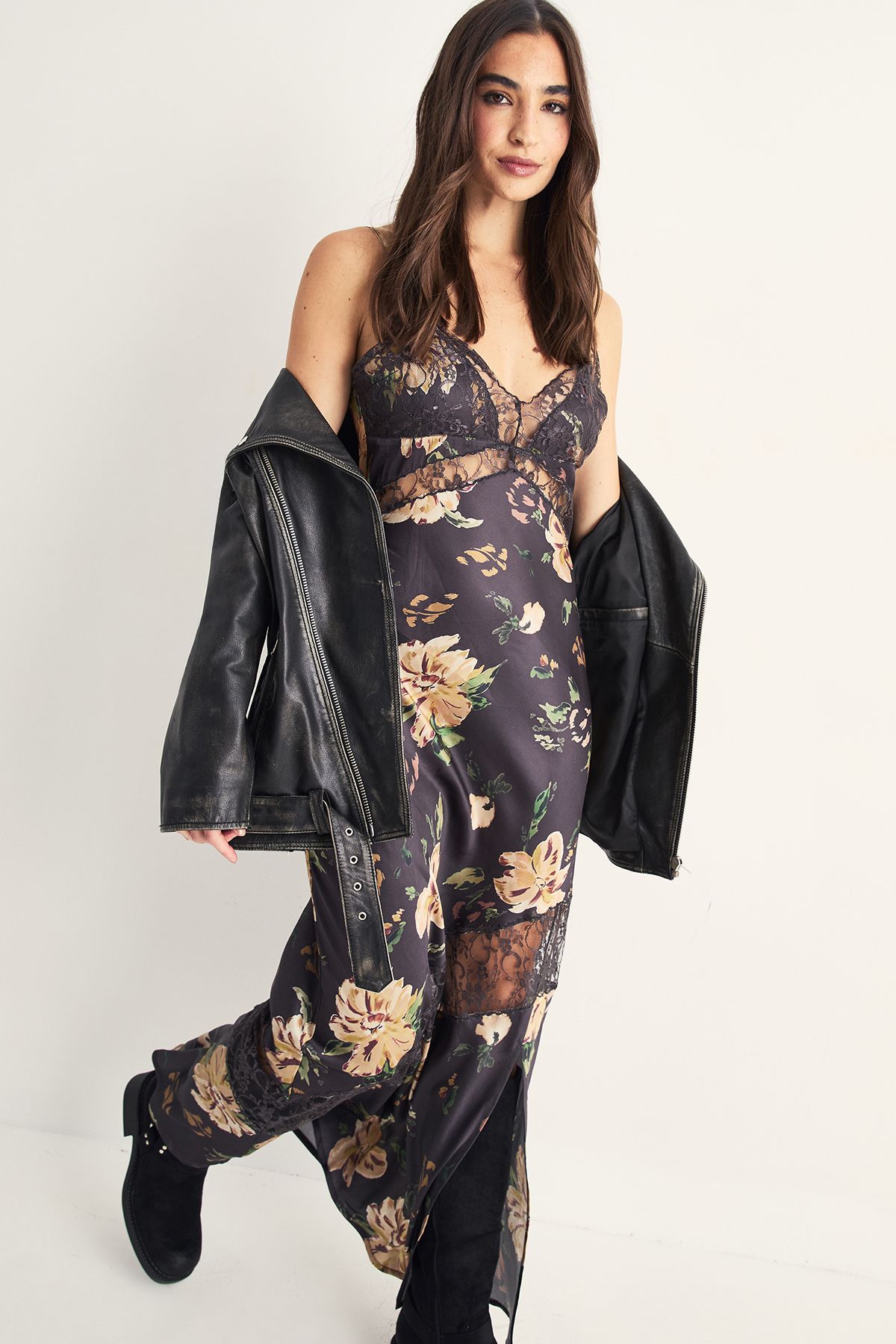 NastyGal Satin Floral Cutwork Lace Split Leg Maxi Dress Black image 1