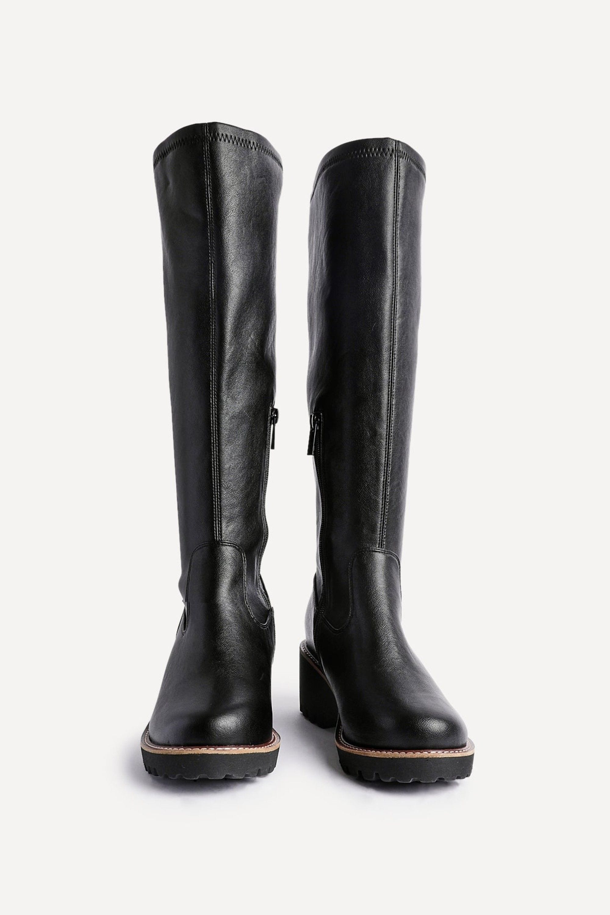 Linzi Maintain Wide Fit Black Faux Leather Stretch High Leg Wedge Boot image 3