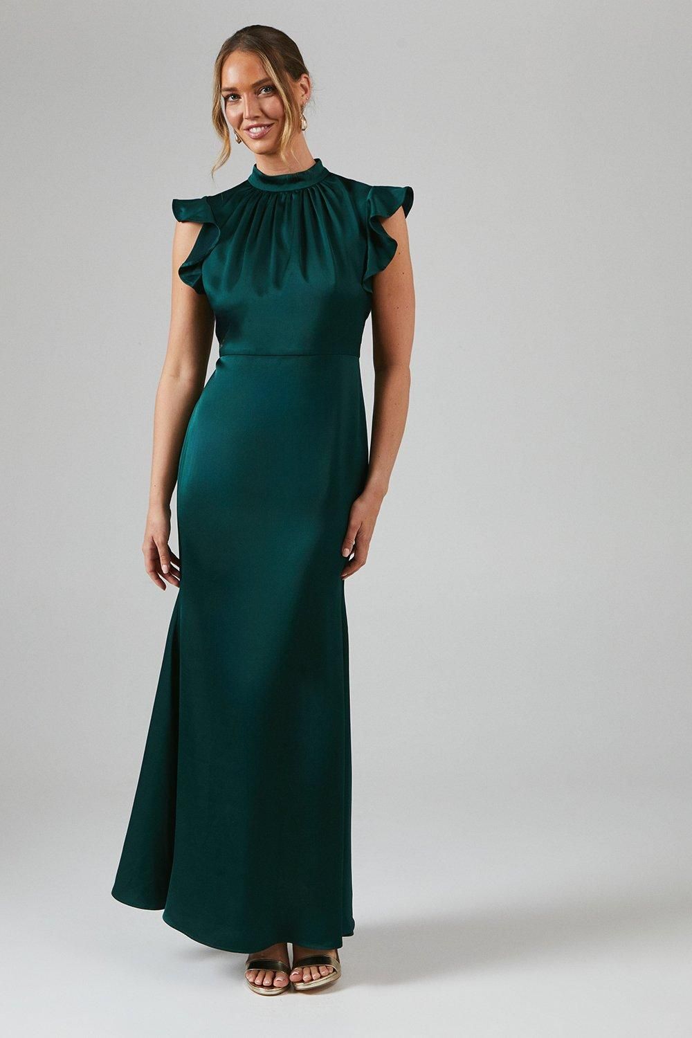 Coast Flutter Sleeve High Neck Satin Bridesmaid Maxi Dress Emerald image 1