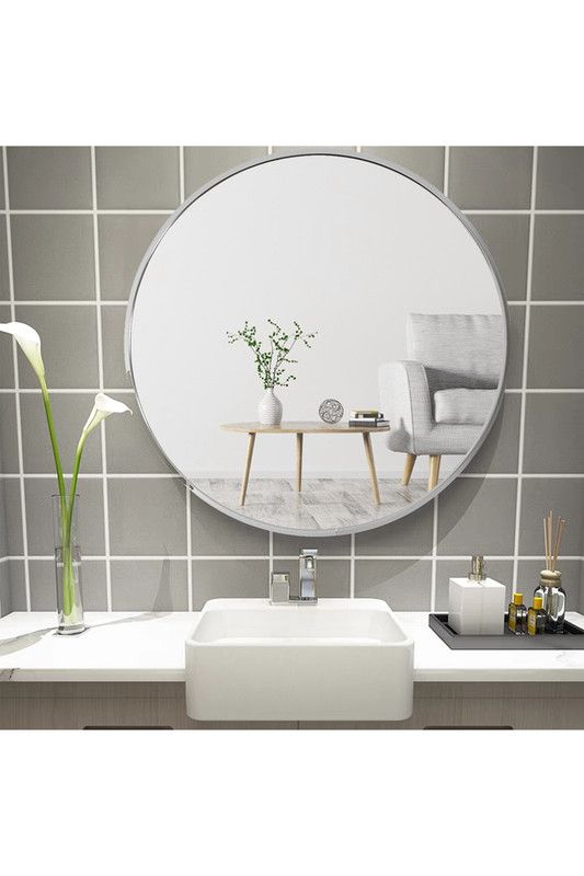 Living and Home Silver Round Metal Framed Bathroom Mirror image 1