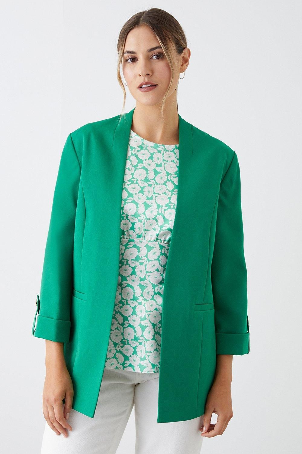 Dorothy Perkins Collarless Roll Up Sleeve Blazer Bright Green image 2