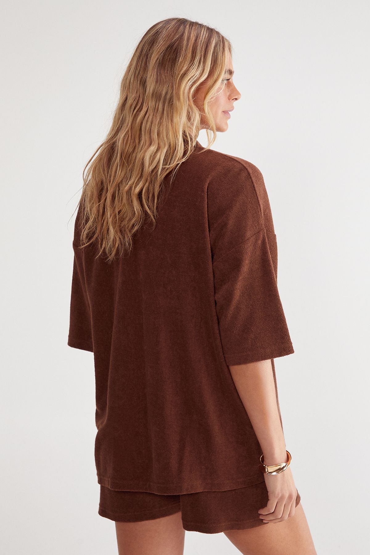 NastyGal Towelling Shirt and Shorts 4 Piece Cover Up Set Chocolate image 4