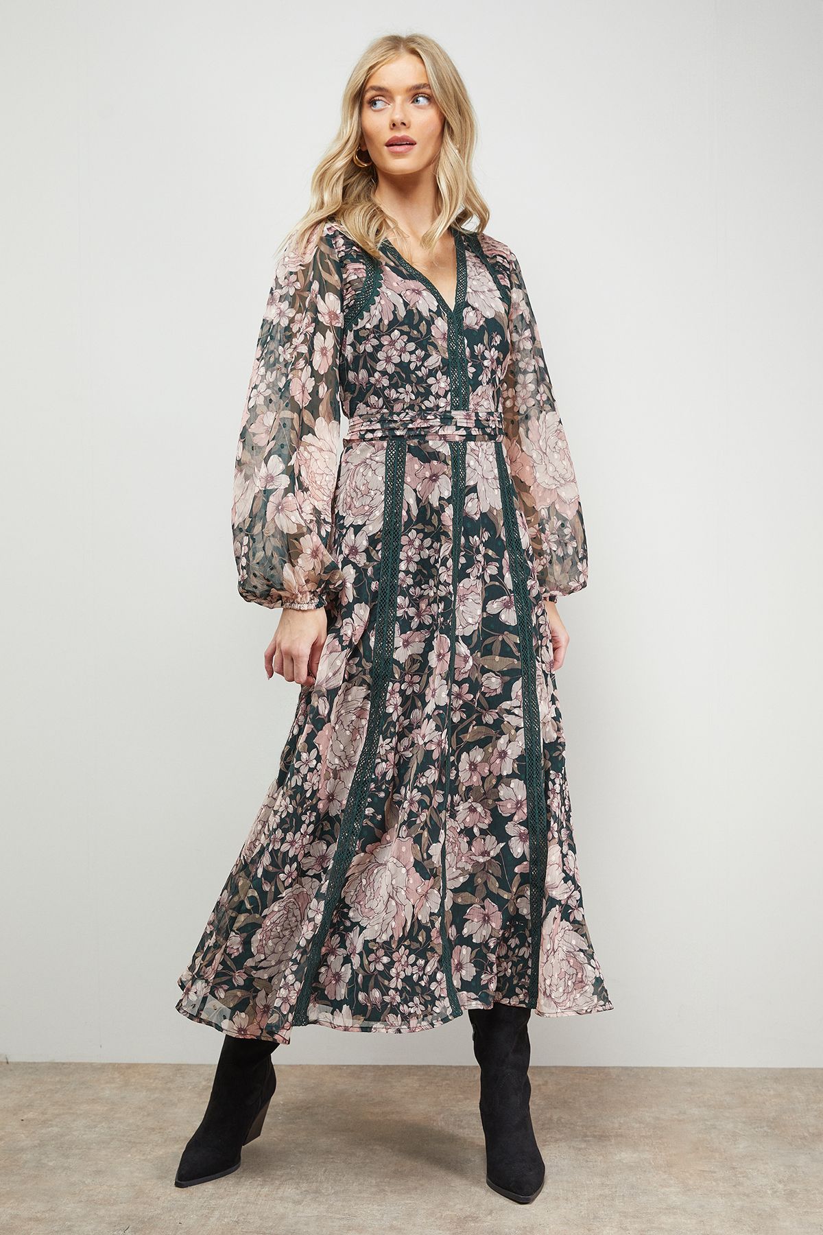 Oasis Lace Trim Midi Fit And Flare Dress Floral image 4