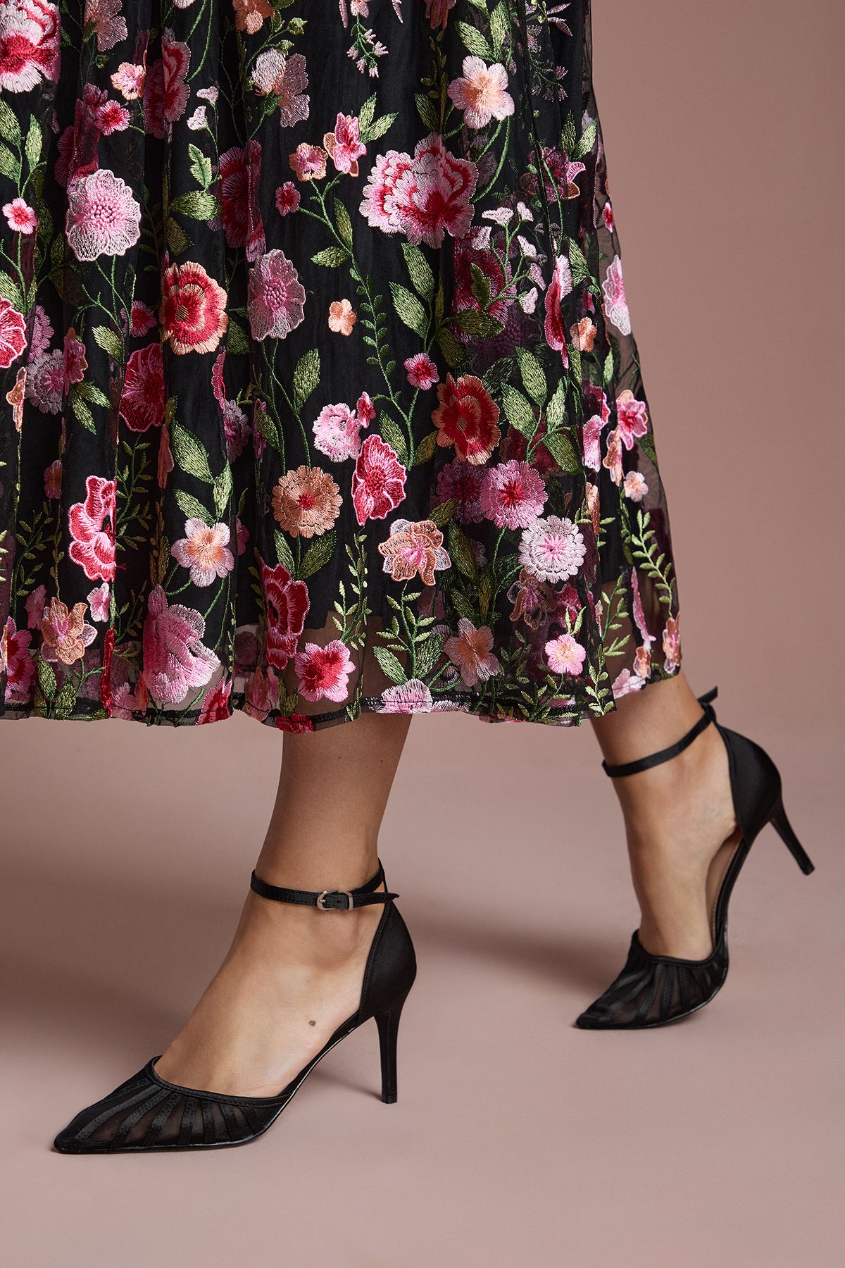 Coast Krystal Satin Mesh Detail High Stiletto Heel Court Shoes Black image 3