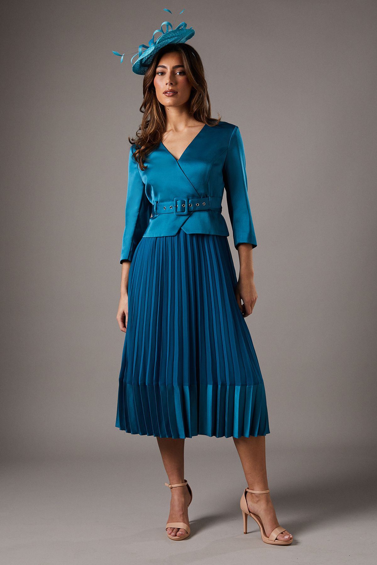Coast Satin Bodice ¾ Sleeve Pleat Skirt Belted Midi Wedding Guest Dress Teal image 1