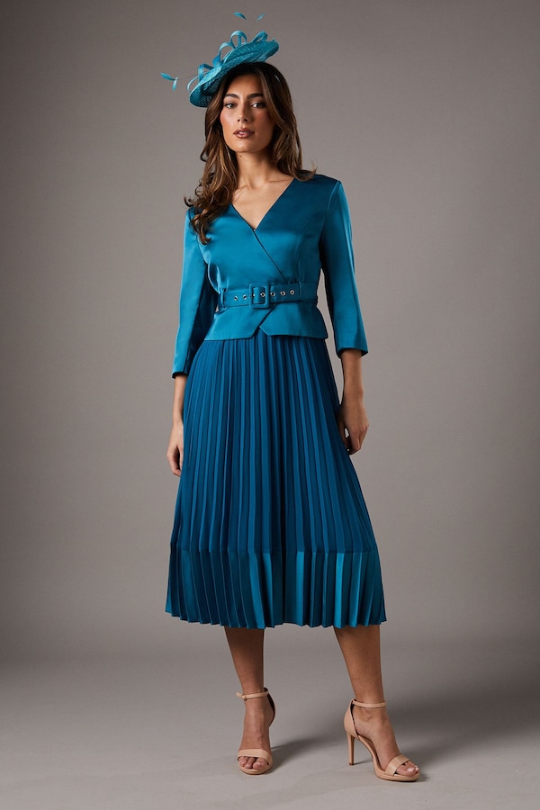 Coast Satin Bodice ¾ Sleeve Pleat Skirt Belted Midi Wedding Guest Dress Teal
