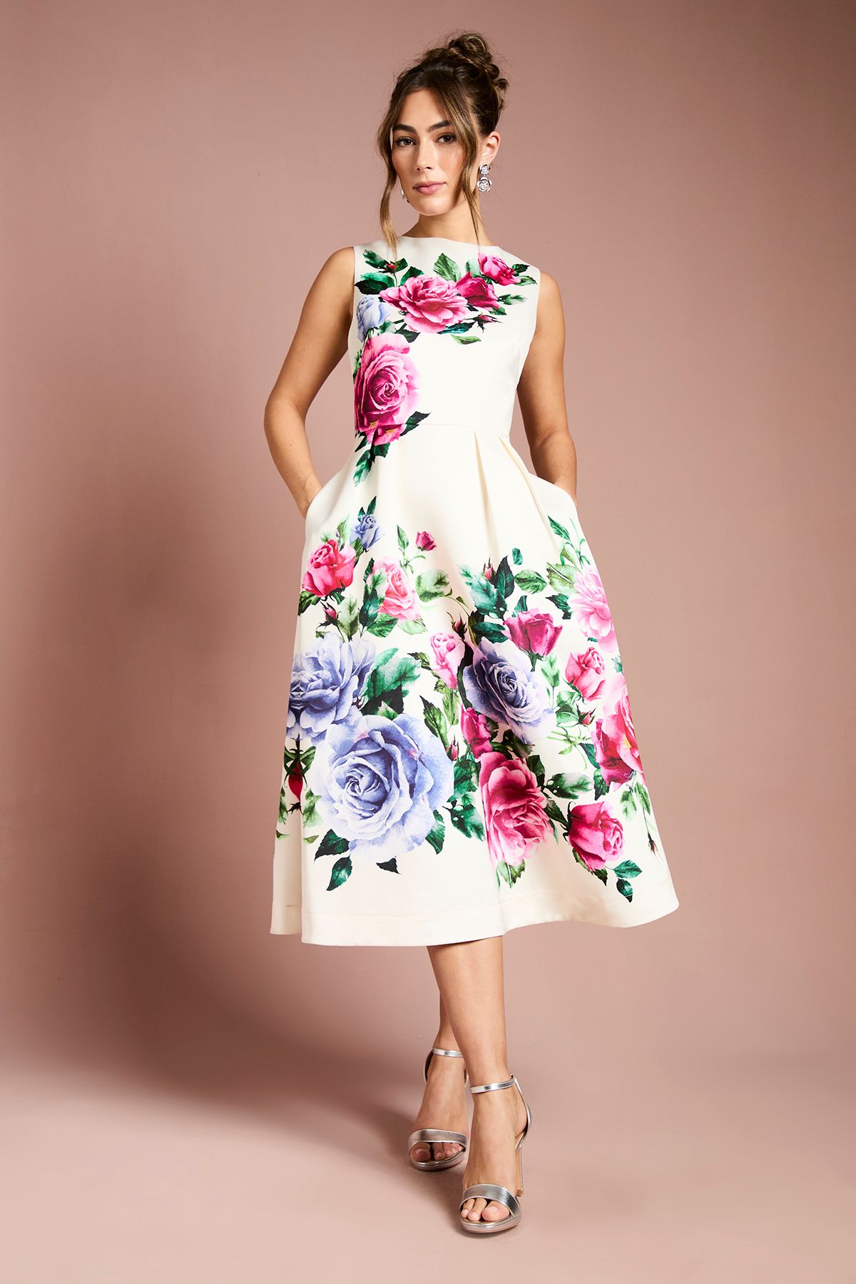 Coast Pocket Structured Satin Placement Print Midi Dress Ivory image 2