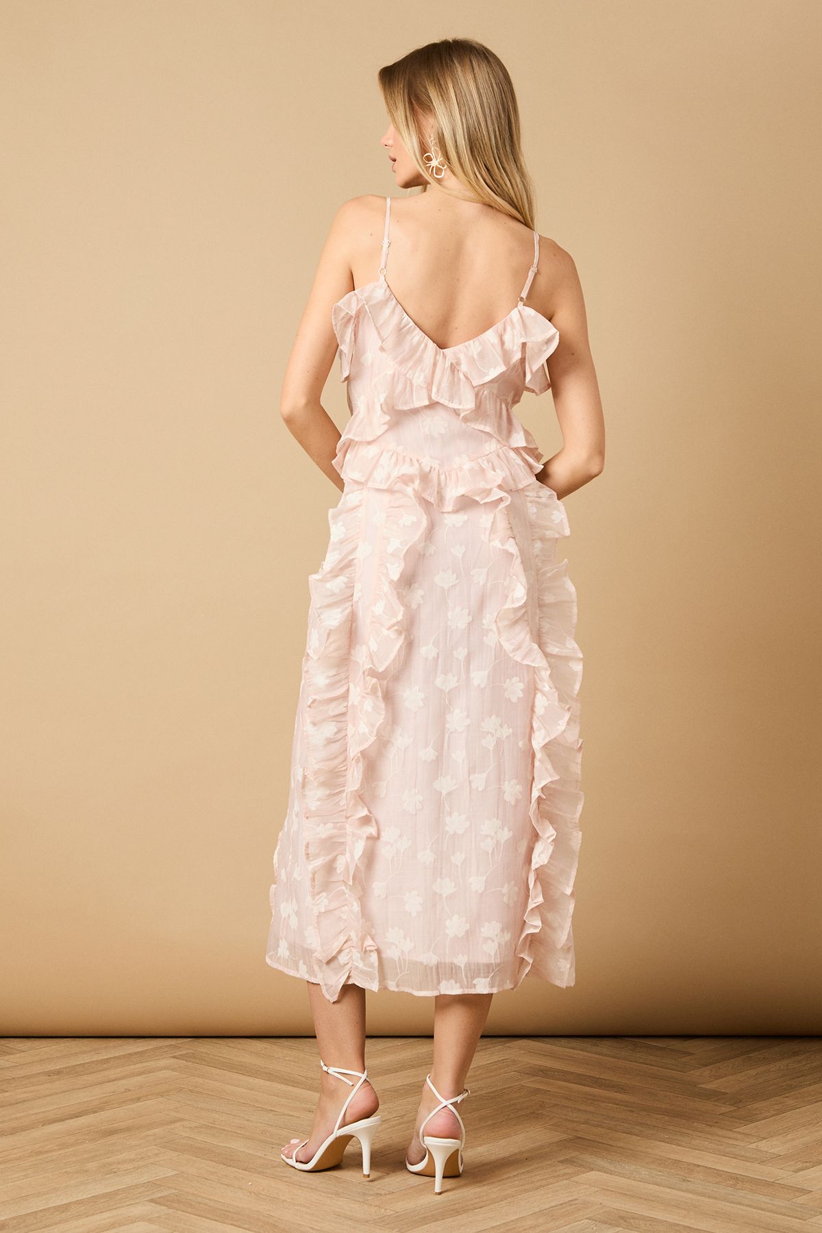 Oasis Ruffle Front V Neck Strappy Midi Dress Pink image 4