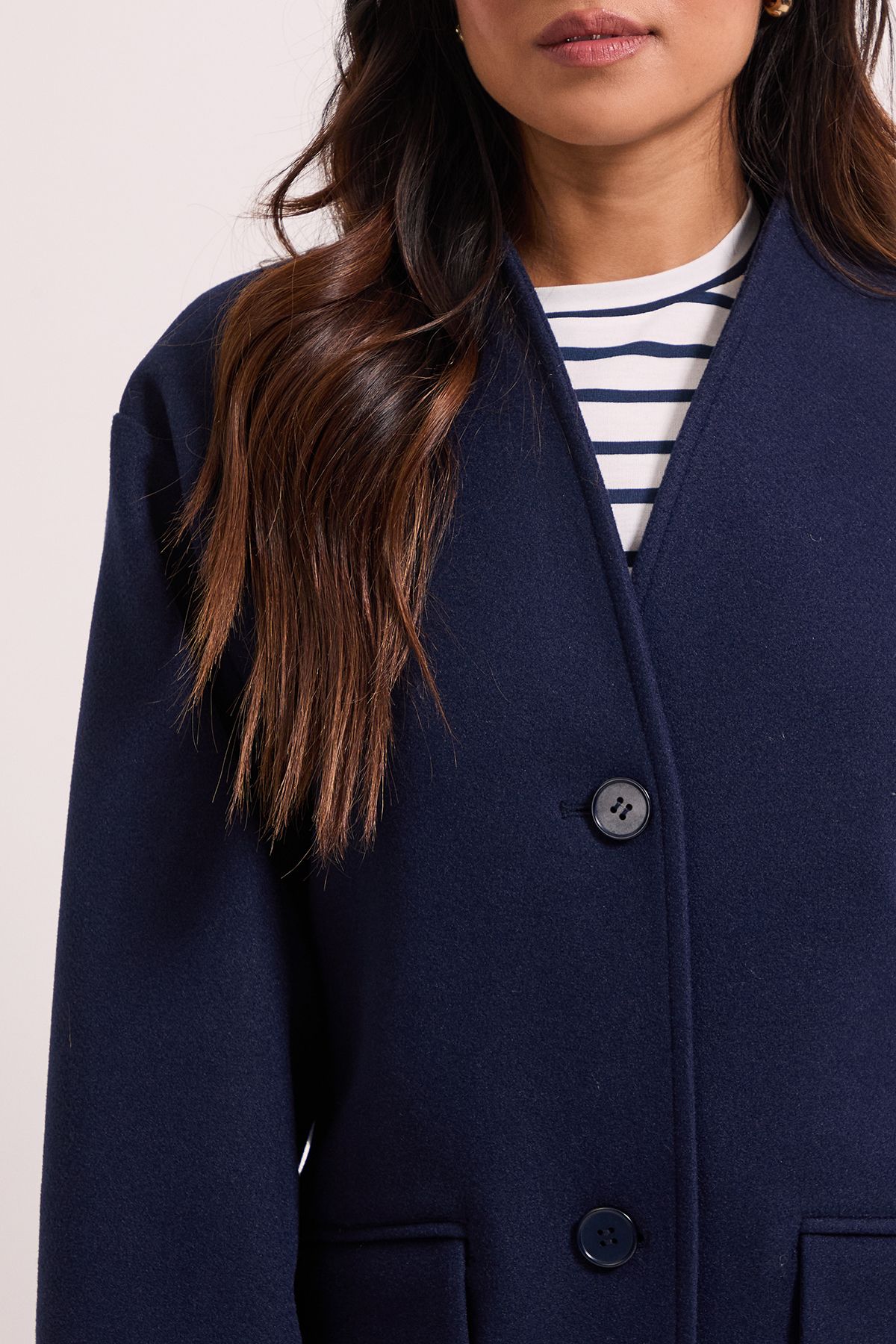 Dorothy Perkins Petite Collarless Single Breasted Faux Wool Coat Navy image 5