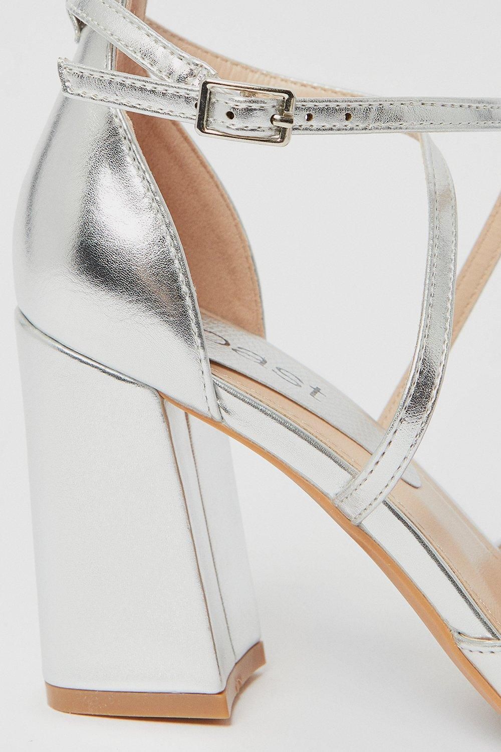 Coast Treat Faux Leather  Cross Strap Pointed Block Heel Court Shoes Silver image 4
