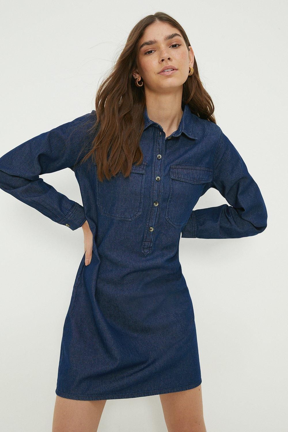 Dorothy Perkins Denim 2 Pocket Mini Shirt Dress Washed Indigo image 1