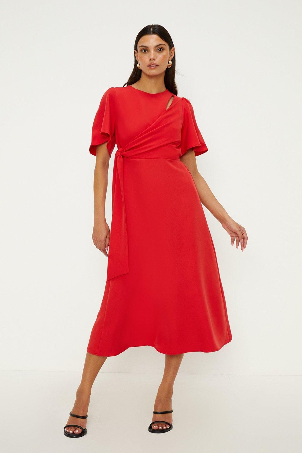 Oasis Crepe Tie Side Flare Midi Dress Red image 1