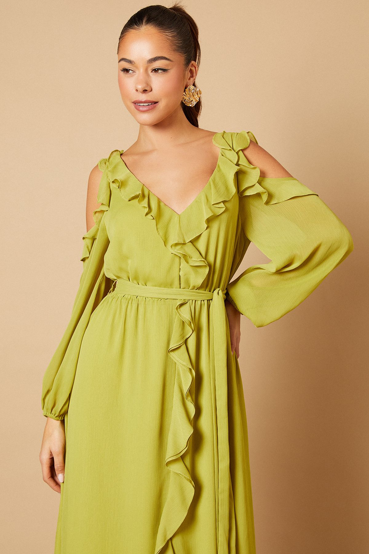 Oasis Cold Shoulder V Neck Belt Detail Midi Dress Green image 2
