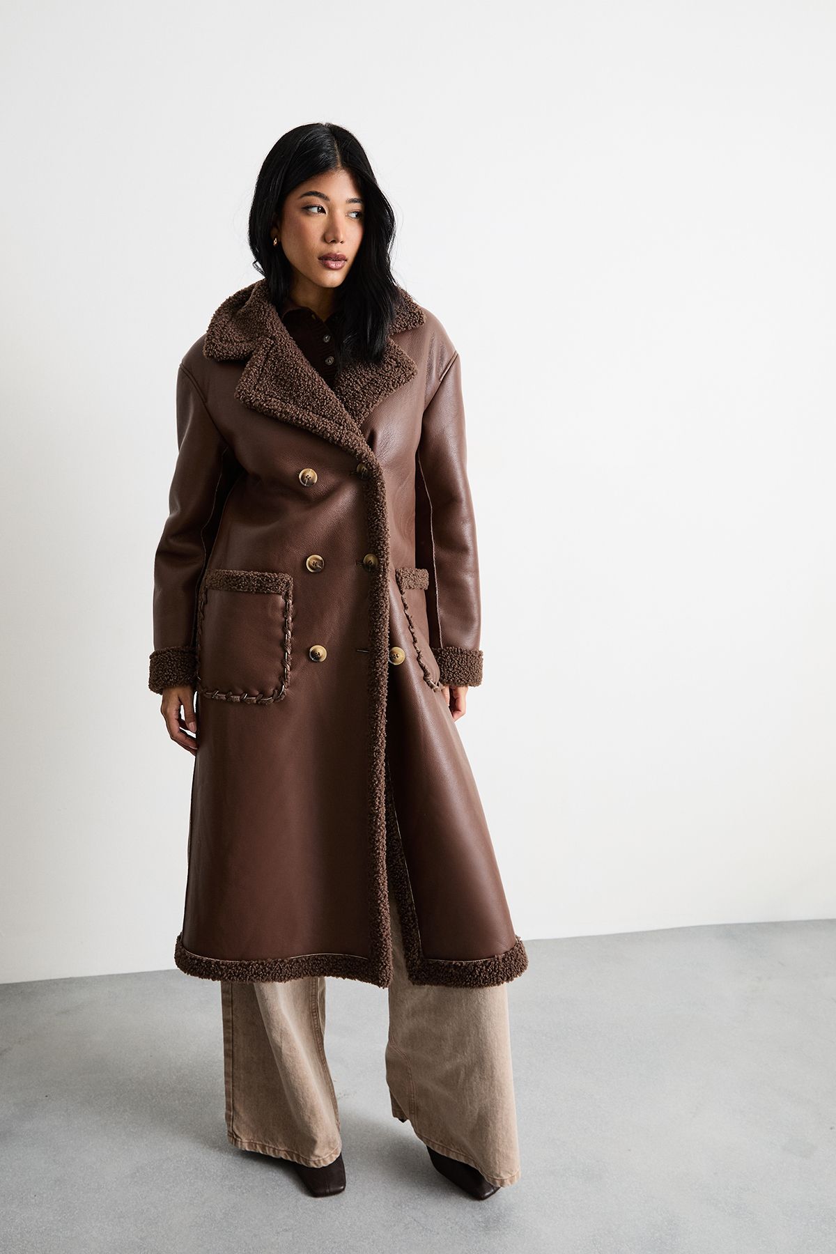 Warehouse Whipstitch Faux Leather Shearling Coat Chocolate image 1