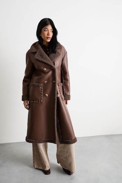 Warehouse Whipstitch Faux Leather Shearling Coat Chocolate