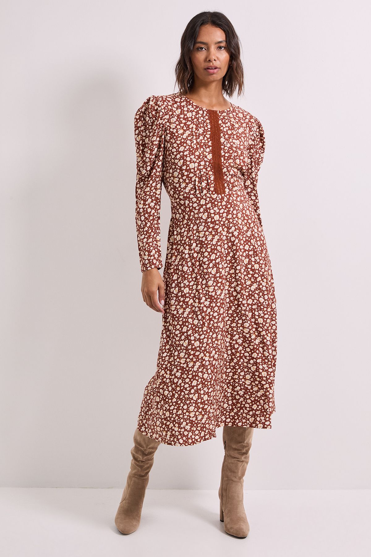 Dorothy Perkins Animal Lace Detail Long Sleeve Printed Midi Dress Animal