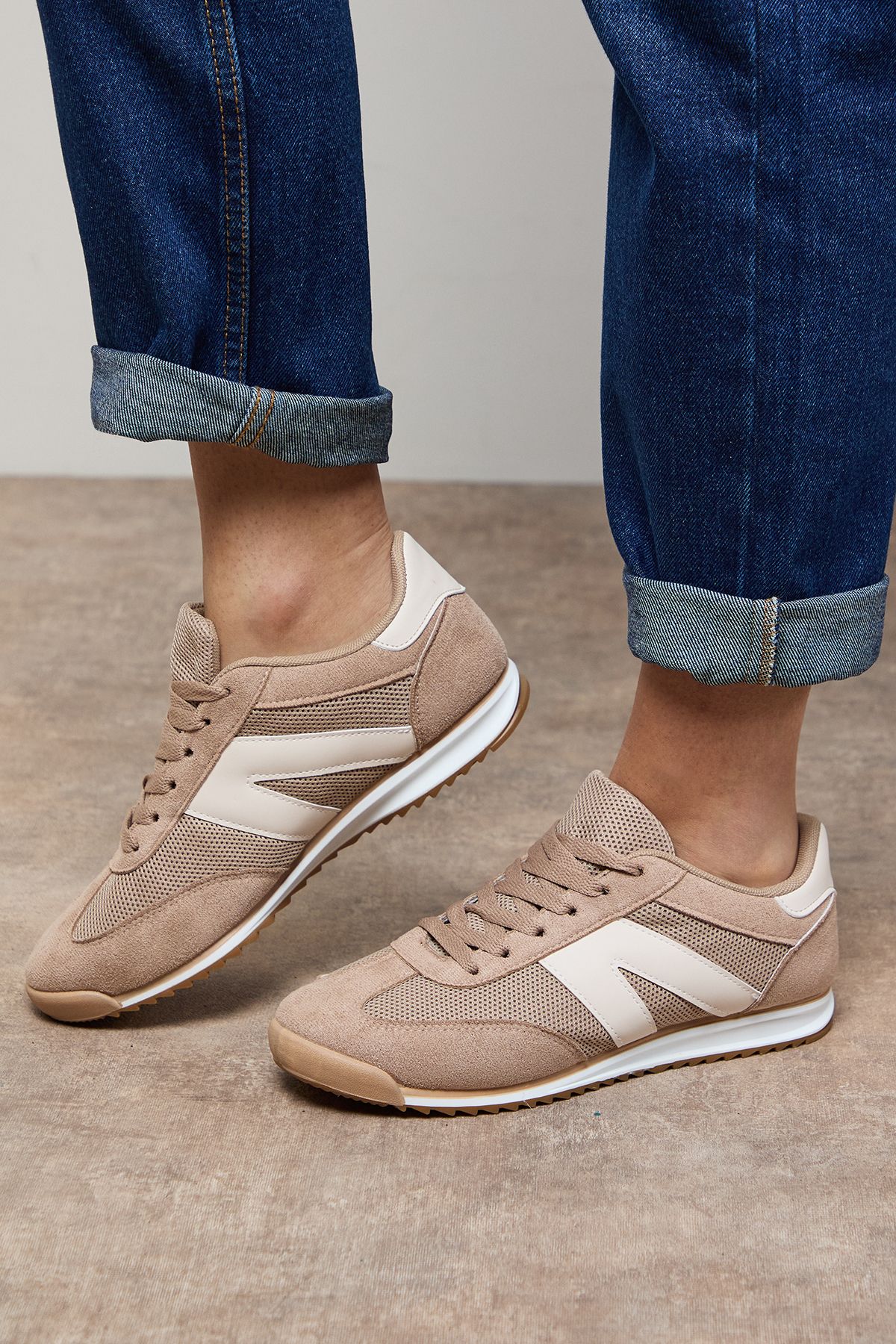 Oasis Jemima Faux Suede Mesh Lace Up Trainers Beige image 3