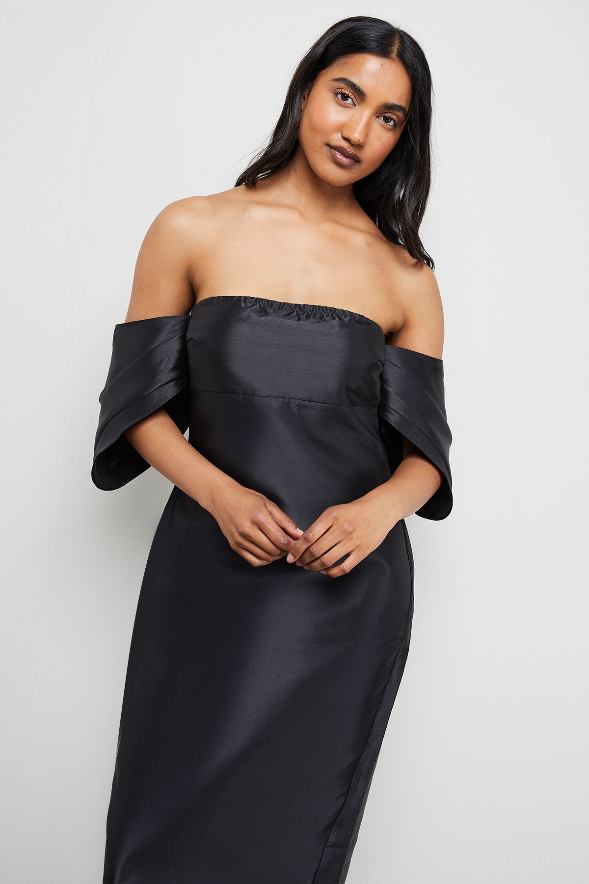 Warehouse Structured Puff Sleeve Bardot Midi Dress Black image 2