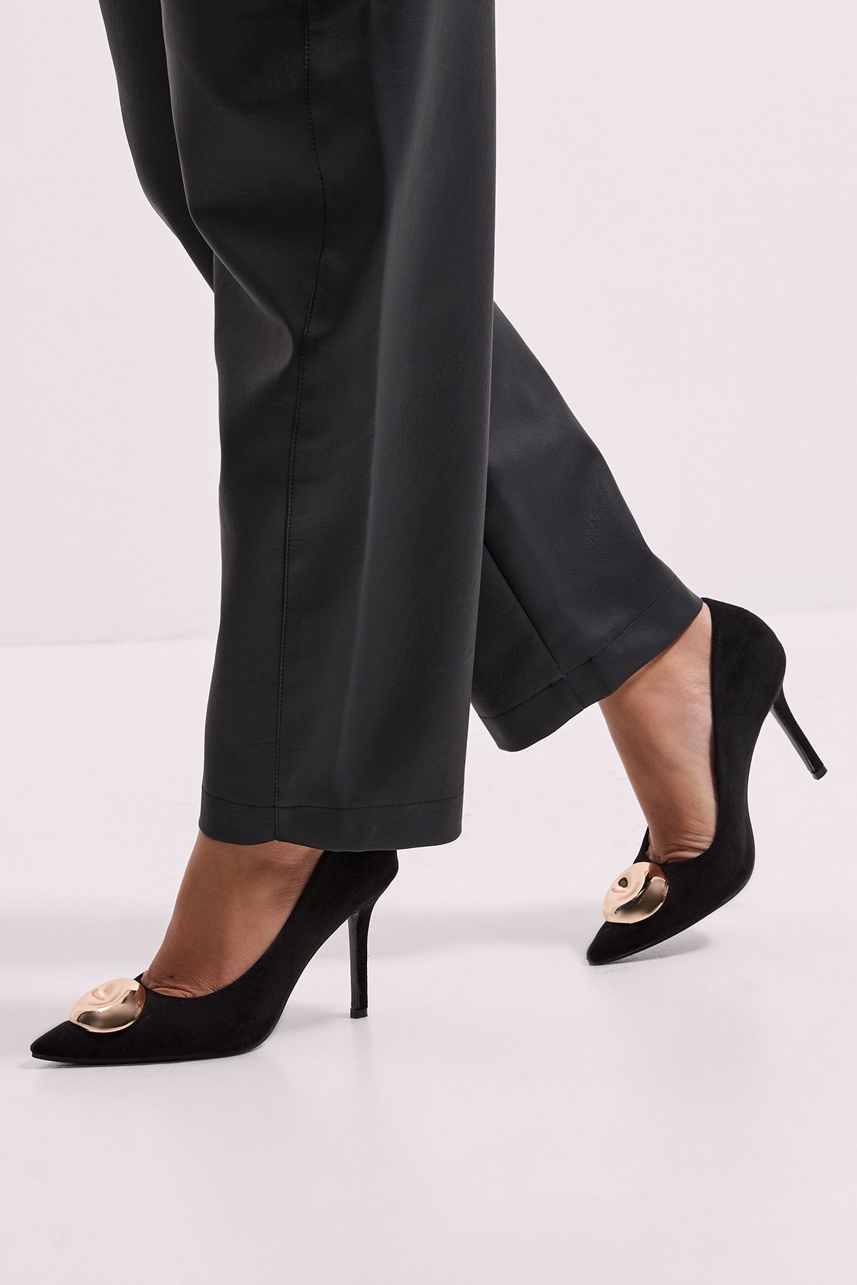 MissPap Faux Suede Metal Trim Detail High Stiletto Heel Court Shoes Natural Black image 3