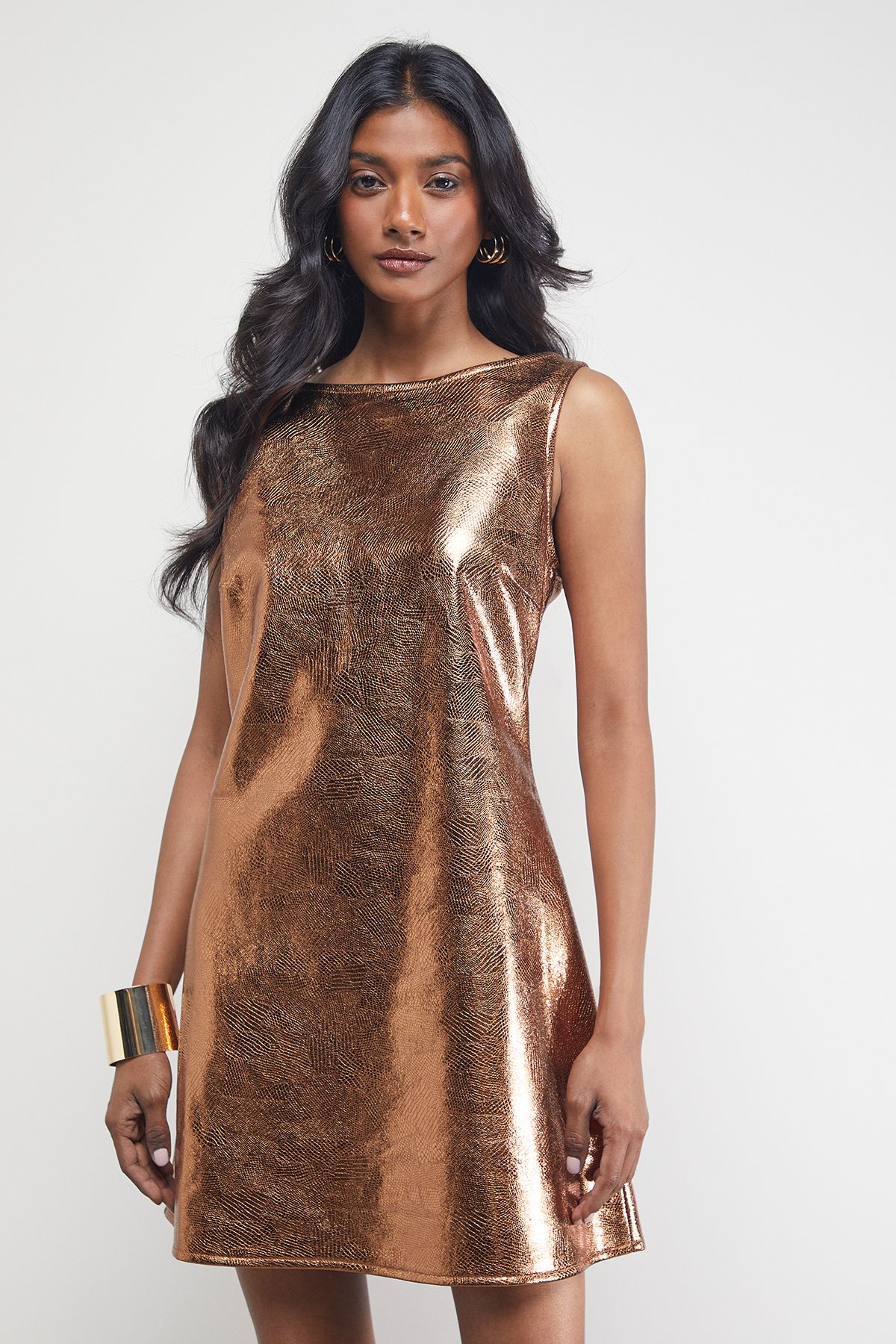 Warehouse Metallic Faux Reptile Leather Sleeveless Mini Dress Bronze image 1