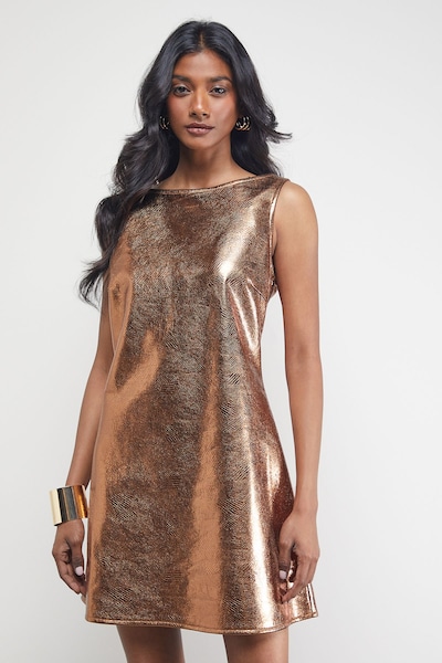 Warehouse Metallic Faux Reptile Leather Sleeveless Mini Dress Bronze