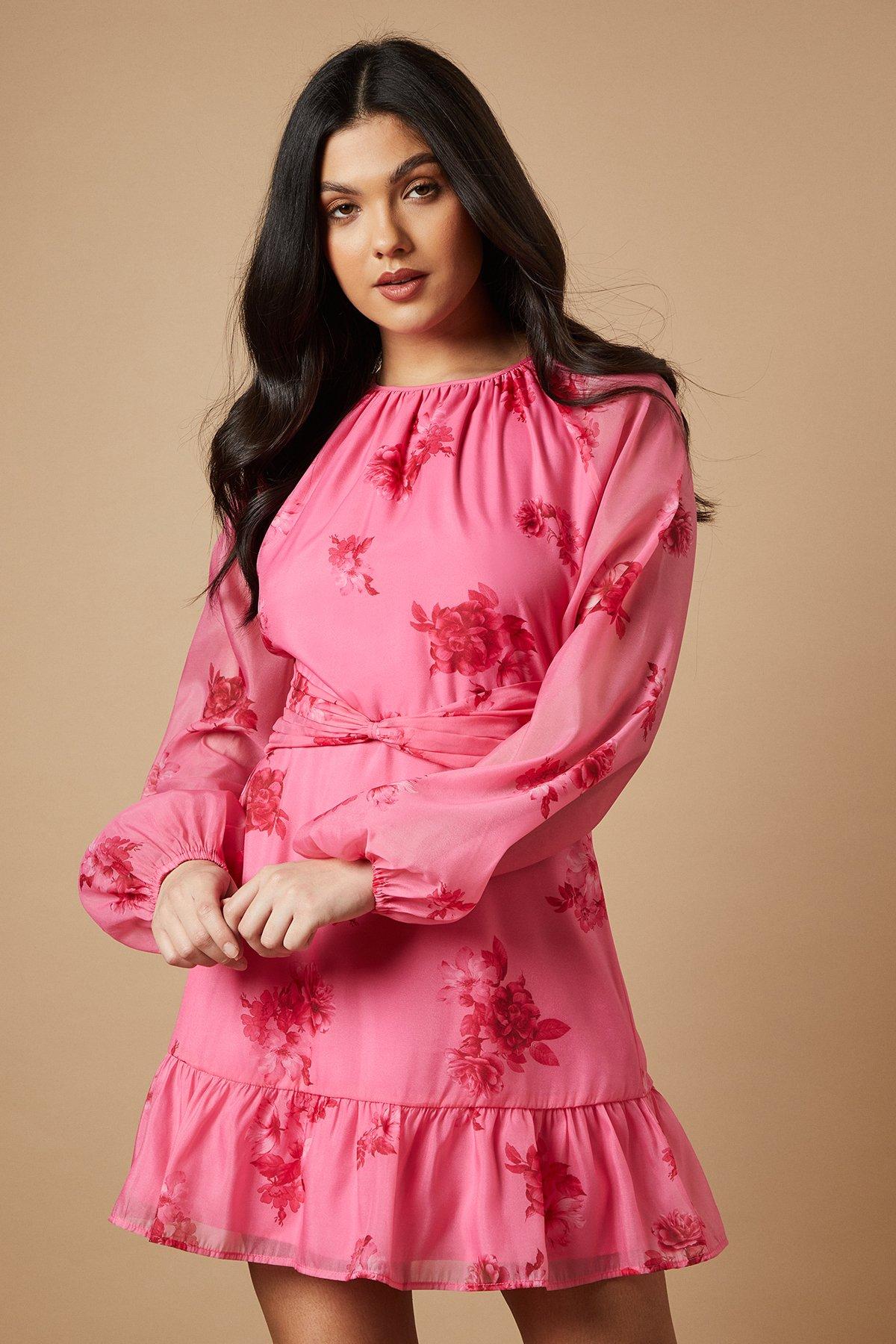 Oasis Printed Organza Bow Waist Detail Mini Dress Pink image 2