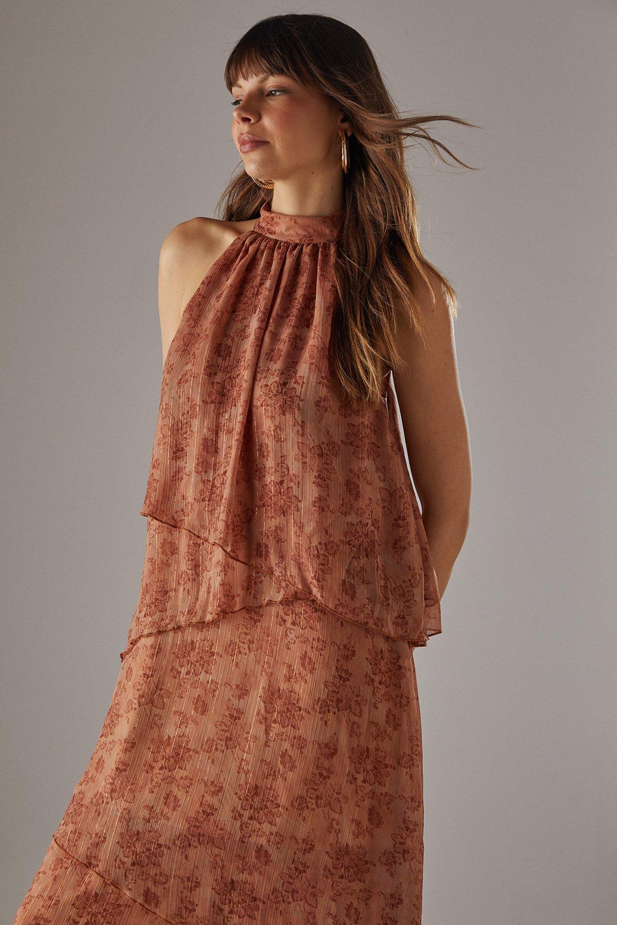 Warehouse Chiffon Halter Ruffle Layer Maxi Dress Rust image 4