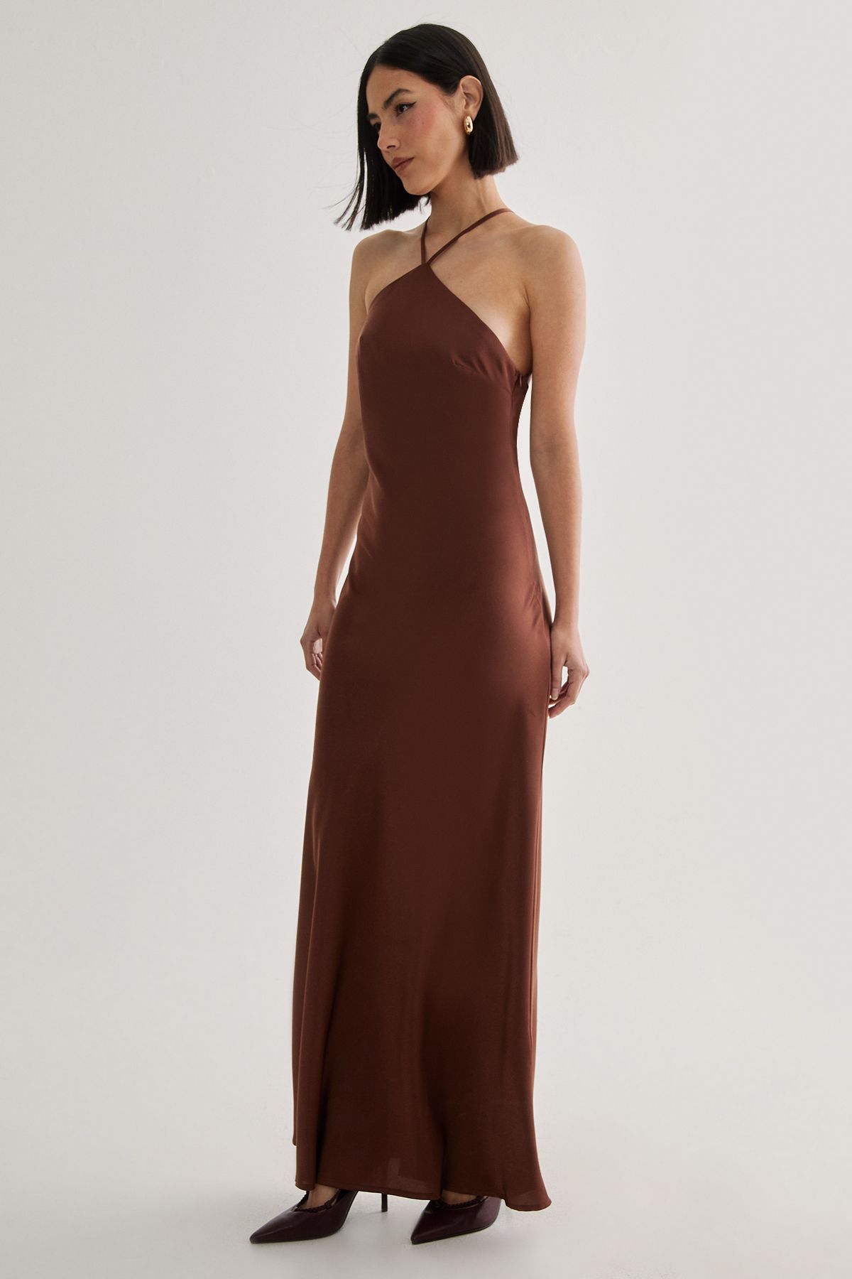 NastyGal Satin Halter Neck Cowl Back Maxi Dress Chocolate image 3