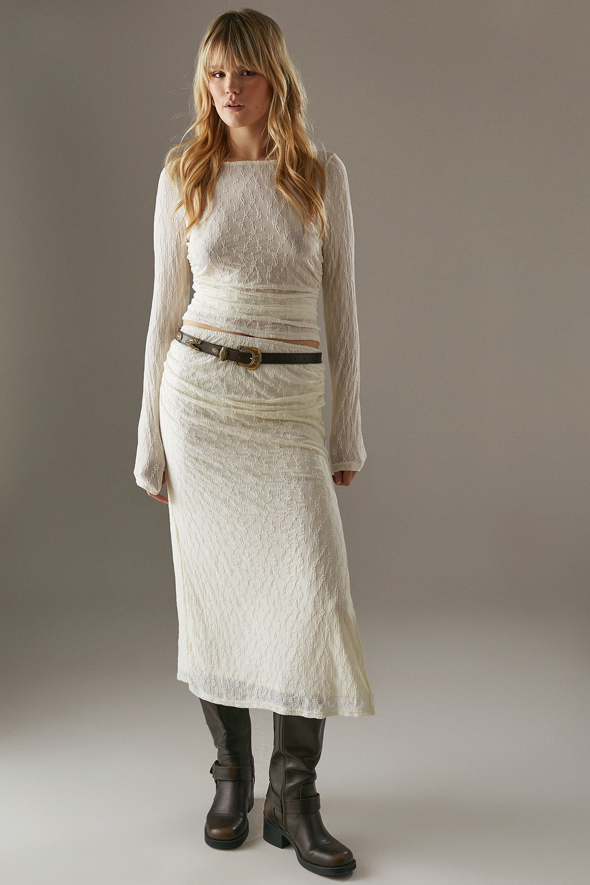 Warehouse Lace Fitted Midaxi Skirt Cream image 2