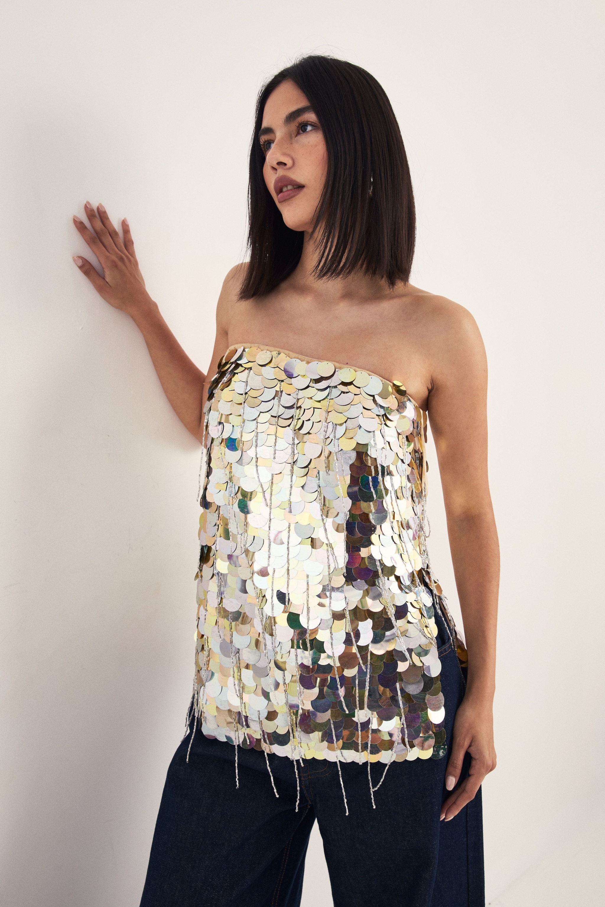 NastyGal Disc Tassel Longline Bandeau Top Gold