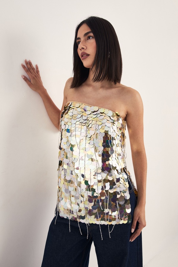 NastyGal Disc Tassel Longline Bandeau Top Gold