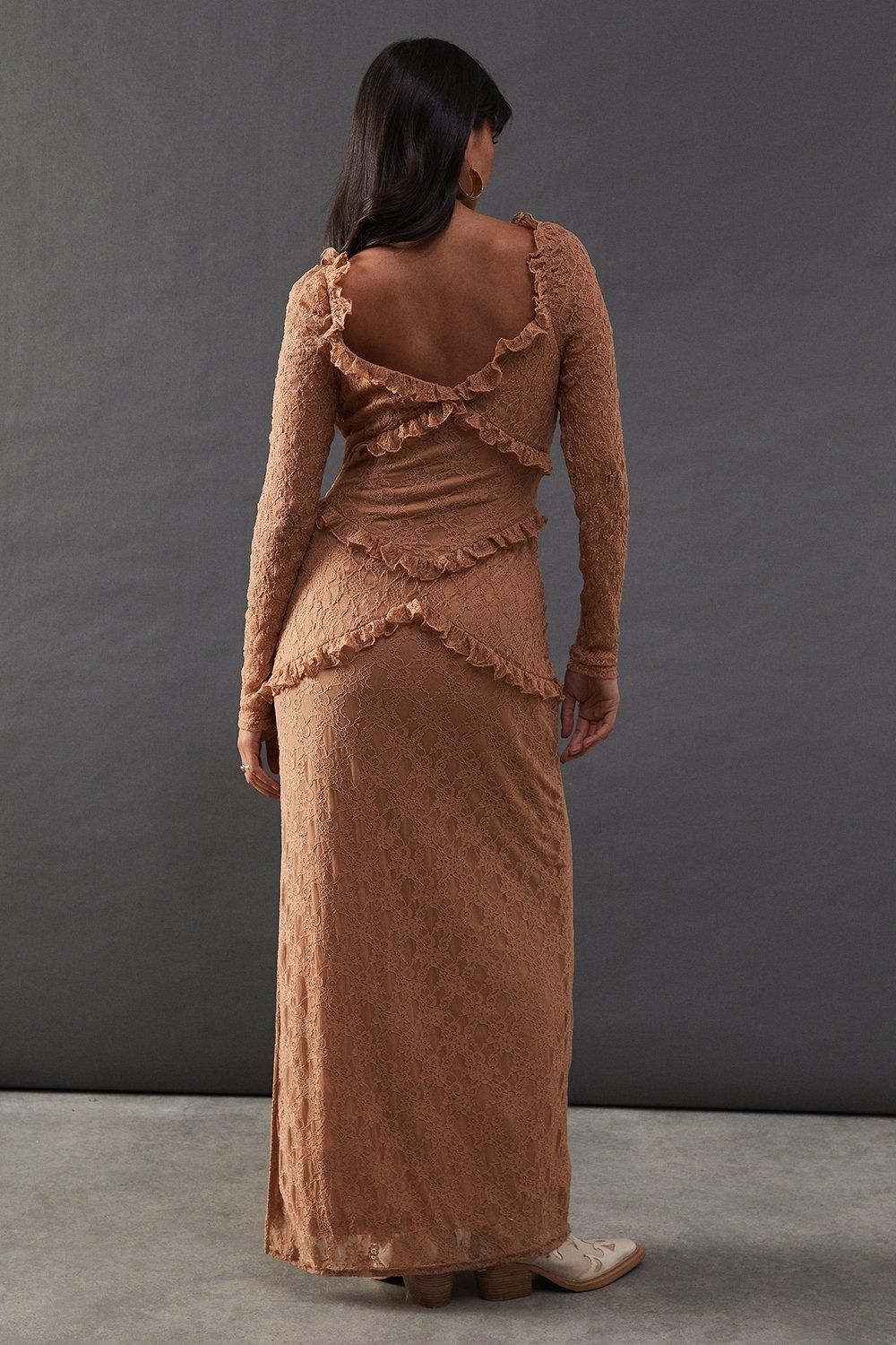 Warehouse Mixed Lace Sweetheart Neck Maxi Dress Taupe image 3