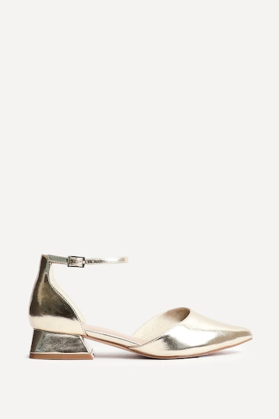 Linzi Dolly Wide Fit Gold Faux Leather Low Block Court Heel