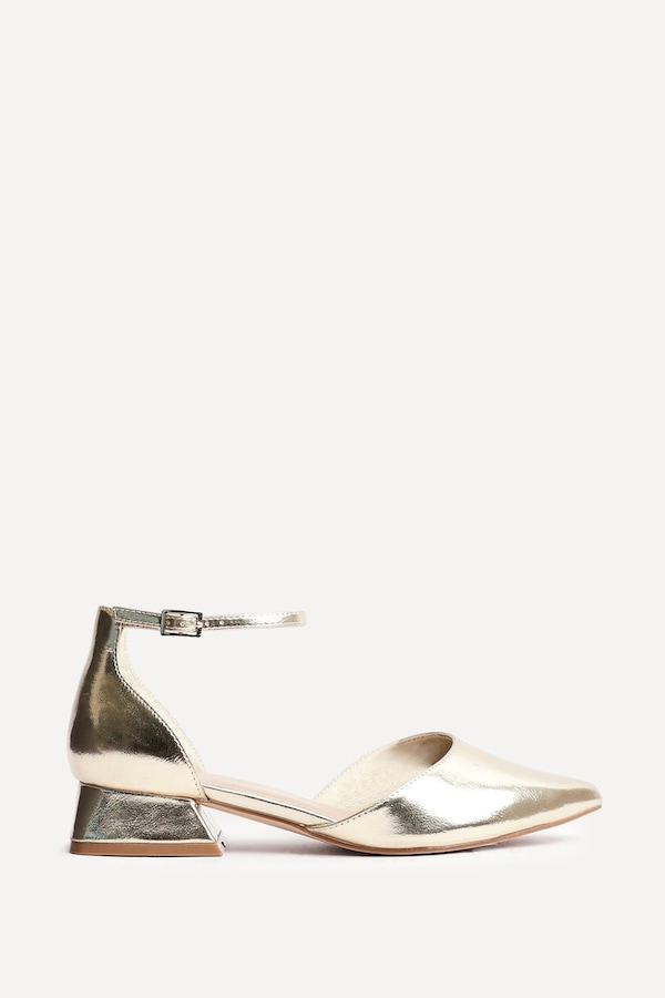 Linzi Dolly Wide Fit Gold Faux Leather Low Block Court Heel