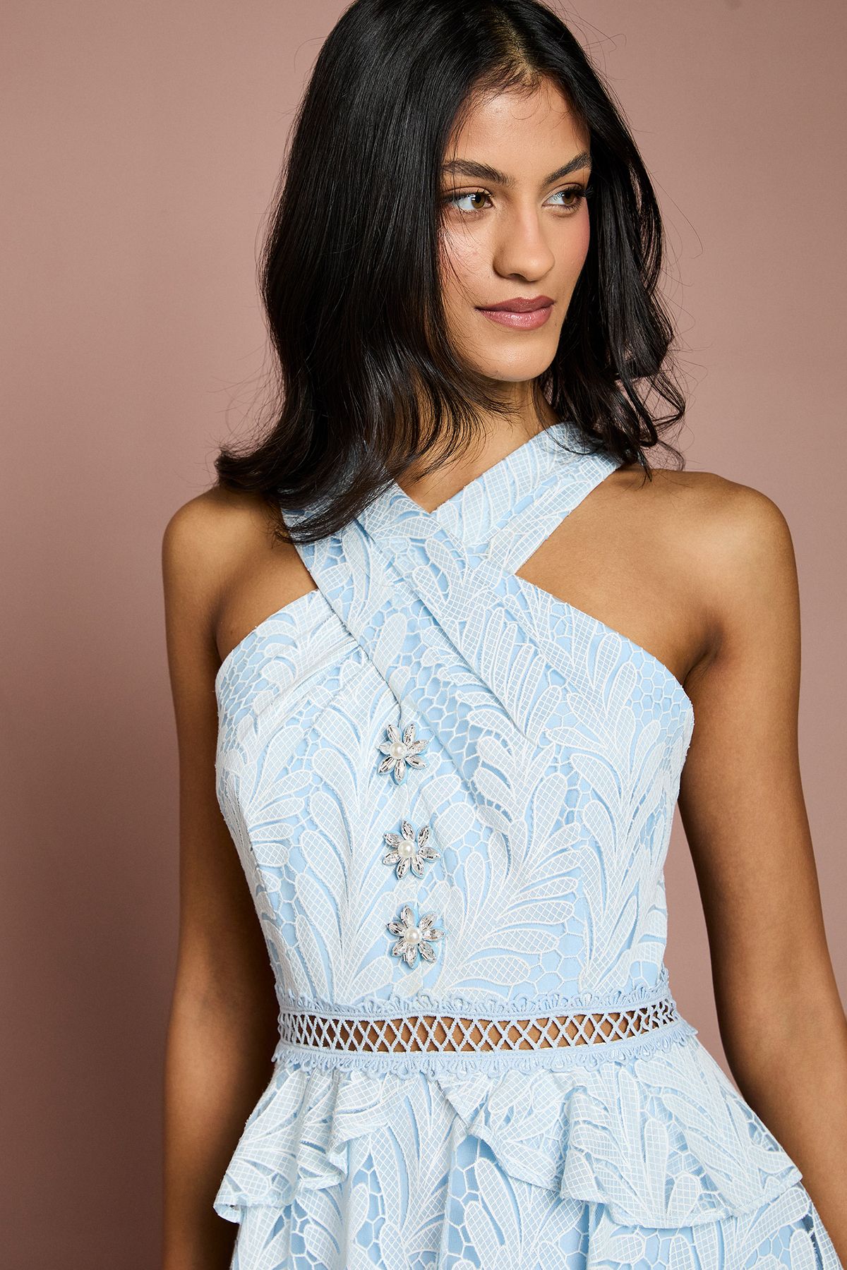 Coast Petite Tiered Lace Cross Halter Neck Button Detail Midi Dress Light Blue image 4