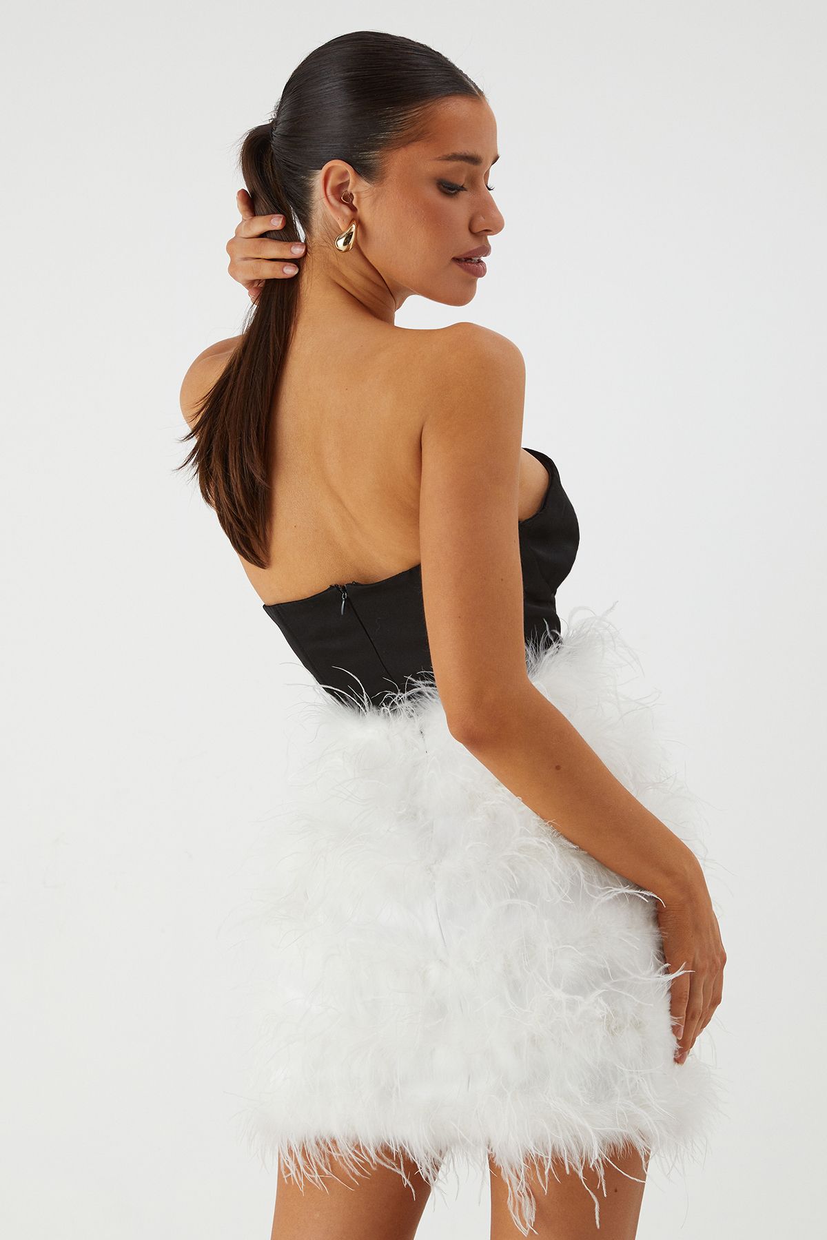 MissPap Bandeau Satin Feather Mini Dress Black image 3