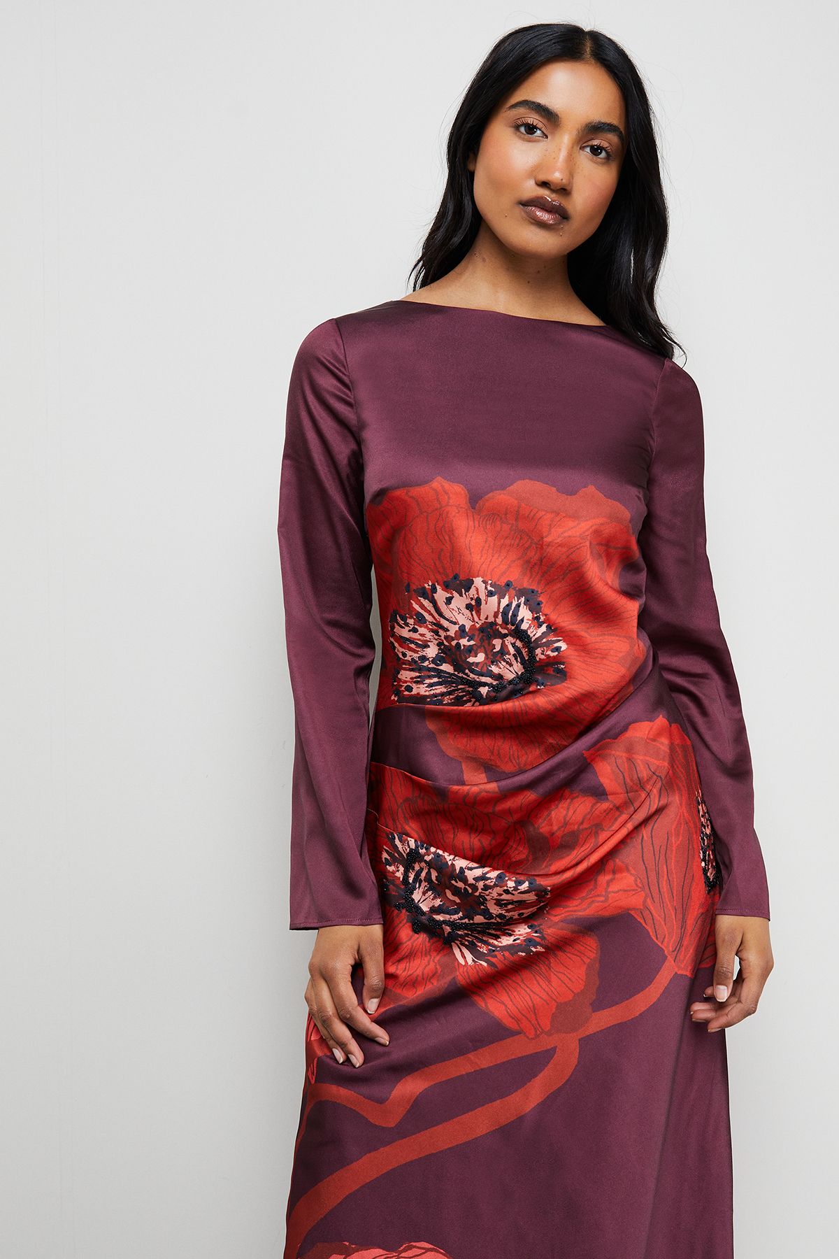 Warehouse Floral Placement Print Satin Midi Dress Dark Red image 2